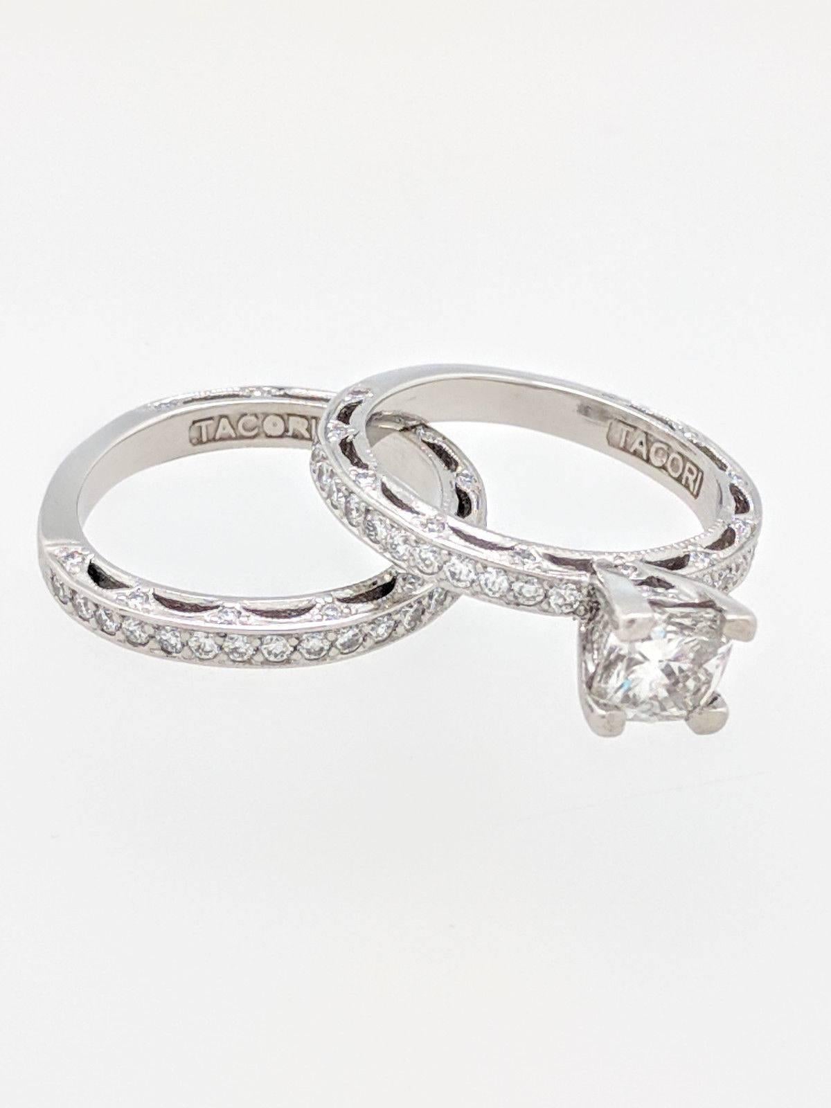 Platinum Tacori 1.05ct Cushion Cut Diamond Engagement Ring, Matching Band SI1/G 6