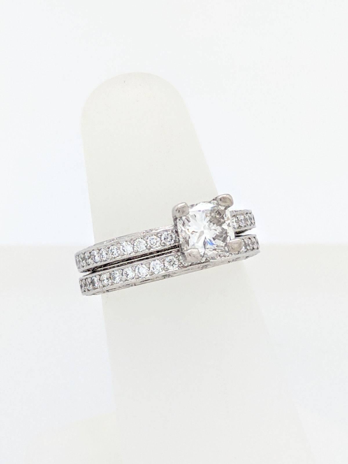 Platinum Tacori 1.05ct Cushion Cut Diamond Engagement Ring, Matching Band SI1/G In Excellent Condition In Gainesville, FL