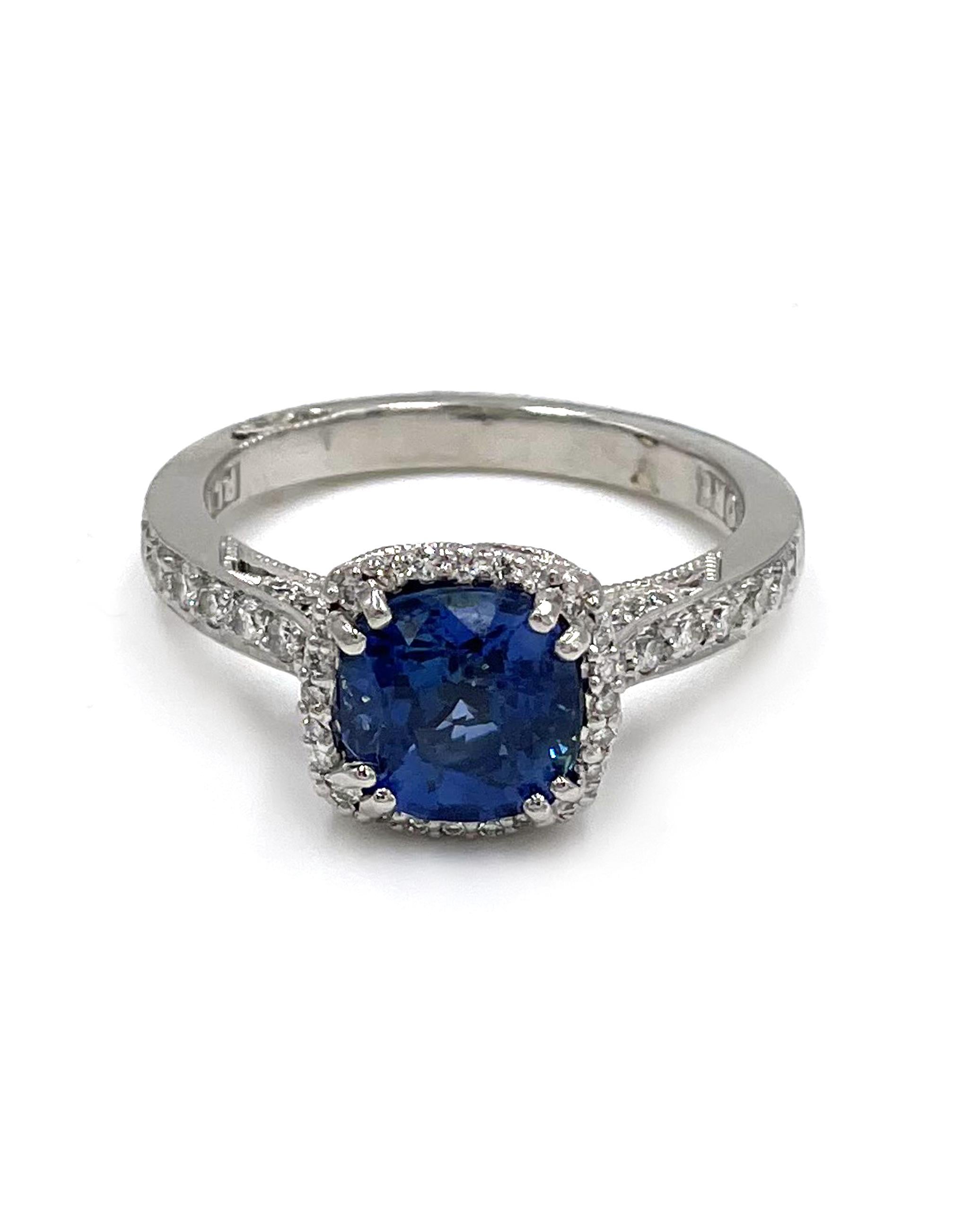 Platinum Tacori Dantela Collection Ring with Diamonds Totaling 0.37 Carats and One Center Round Ceylon Color Blue Sapphire Totaling 2.18 Carats.

-Style no. 2620RDLGP
- Finger size 6
- Comes with original box and authenticity card
