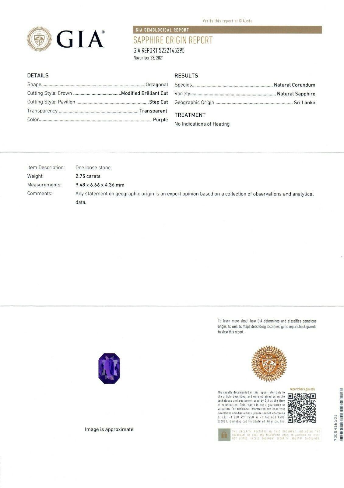 Platinum Tacori GIA NO HEAT Emerald Cut Purple Sapphire Diamond Engagement Ring For Sale 7