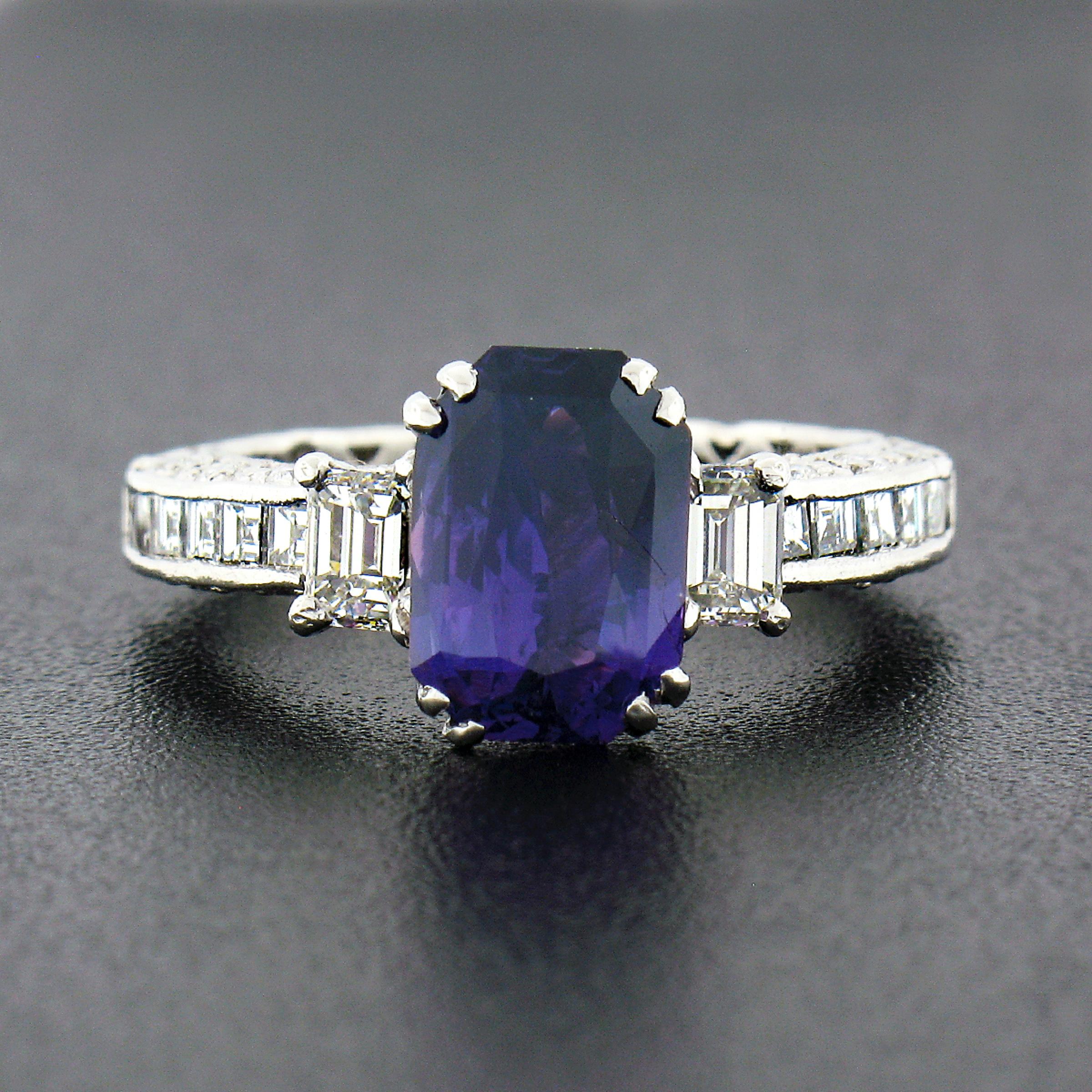Octagon Cut Platinum Tacori GIA NO HEAT Emerald Cut Purple Sapphire Diamond Engagement Ring For Sale