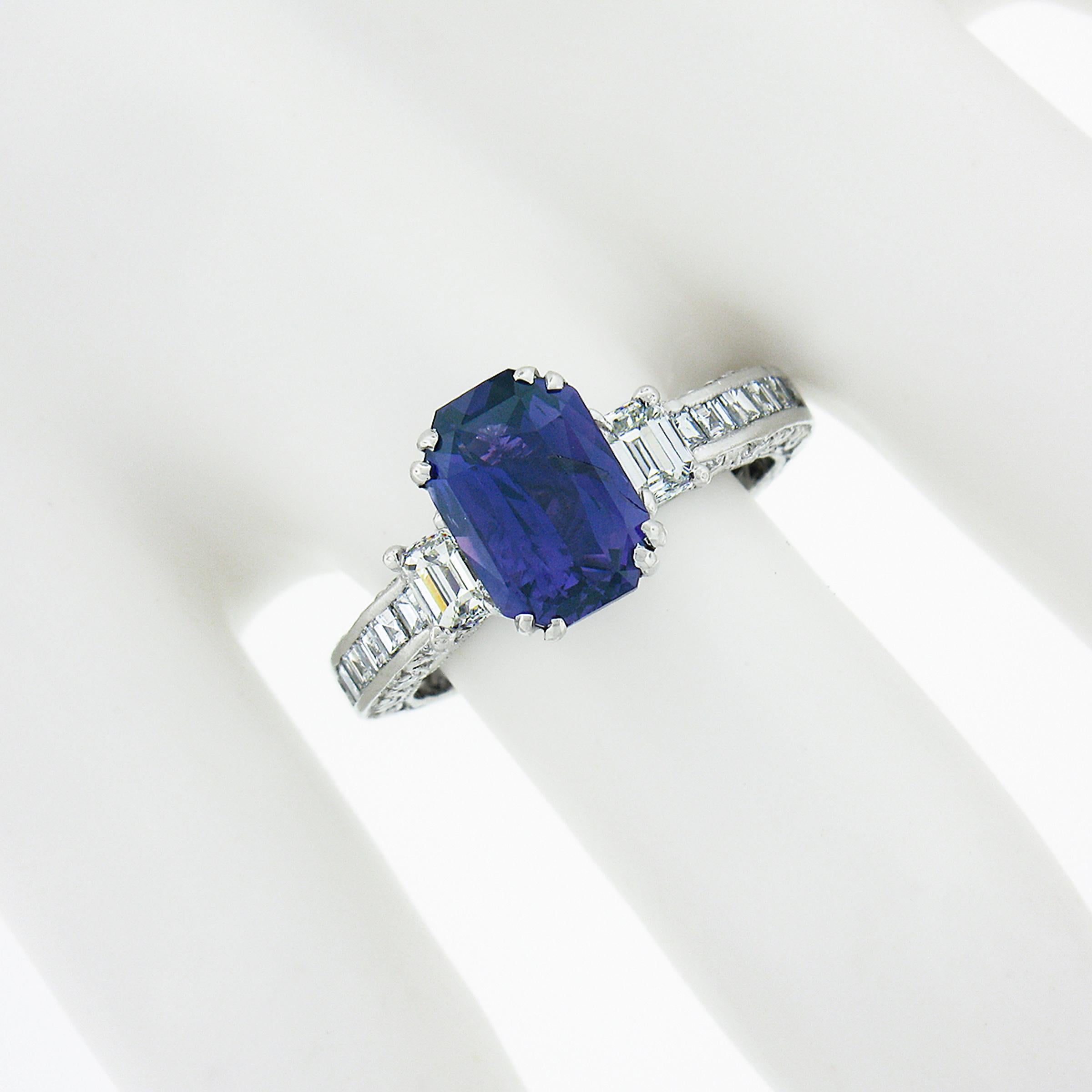 Platinum Tacori GIA NO HEAT Emerald Cut Purple Sapphire Diamond Engagement Ring In Good Condition For Sale In Montclair, NJ