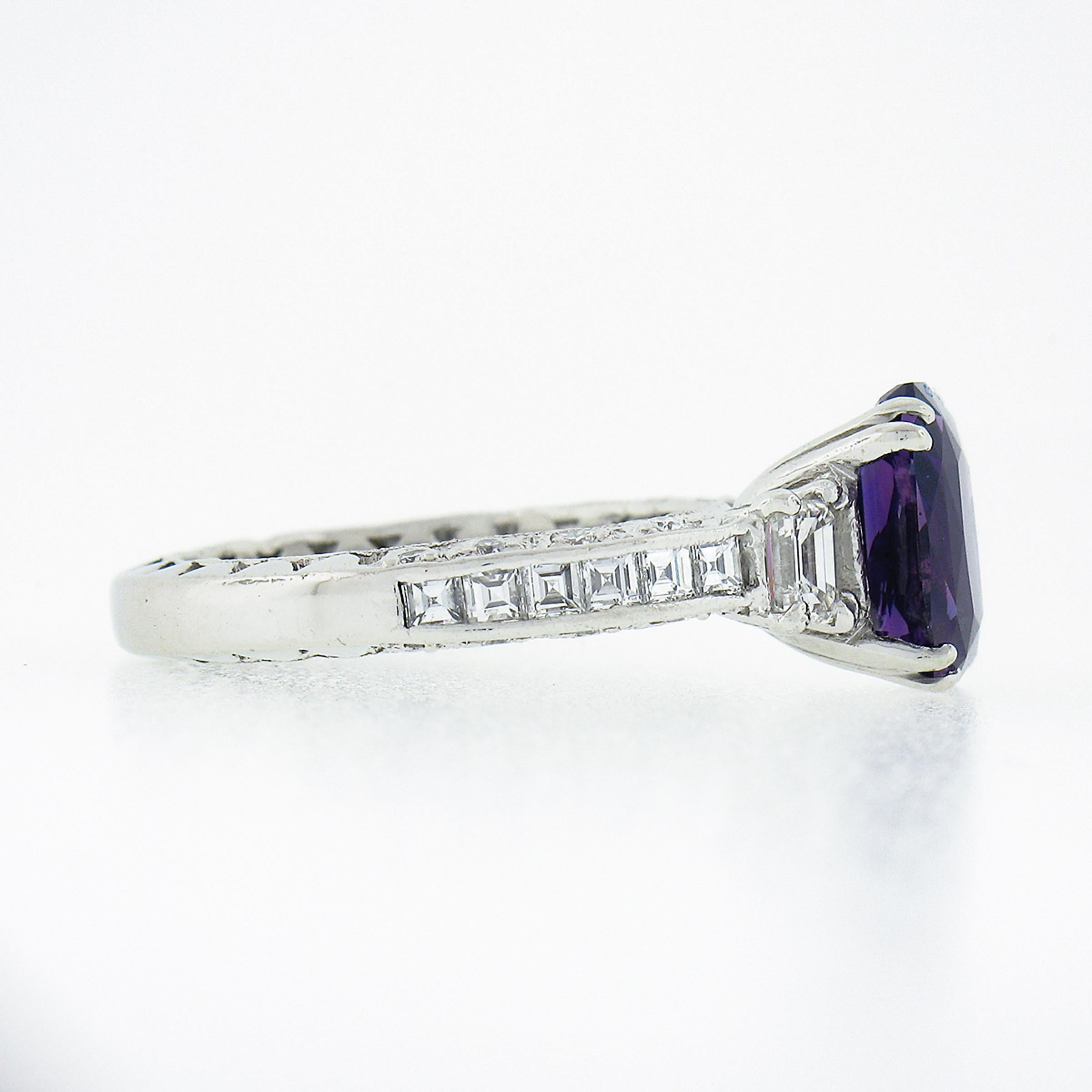 Women's Platinum Tacori GIA NO HEAT Emerald Cut Purple Sapphire Diamond Engagement Ring For Sale