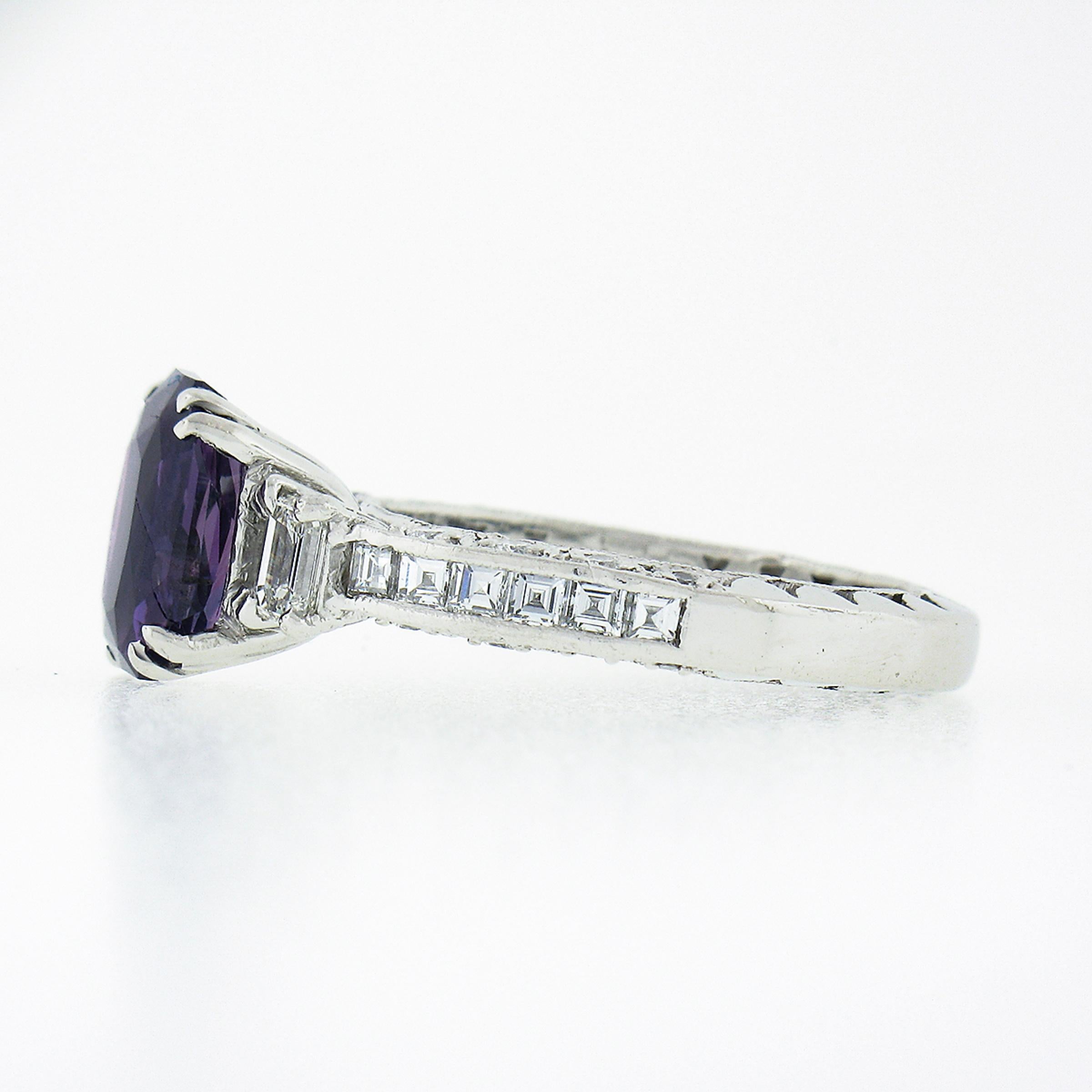 Platinum Tacori GIA NO HEAT Emerald Cut Purple Sapphire Diamond Engagement Ring For Sale 1