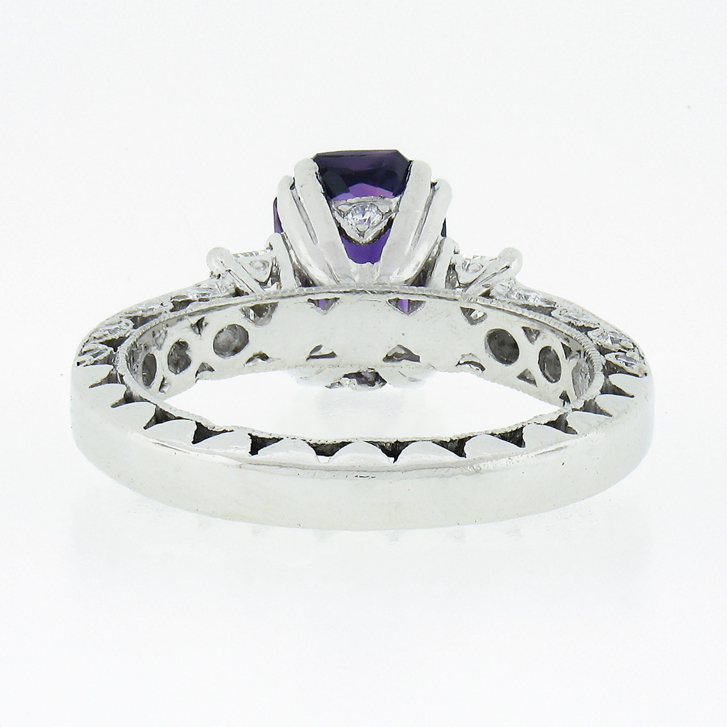 Platinum Tacori GIA NO HEAT Emerald Cut Purple Sapphire Diamond Engagement Ring For Sale 2