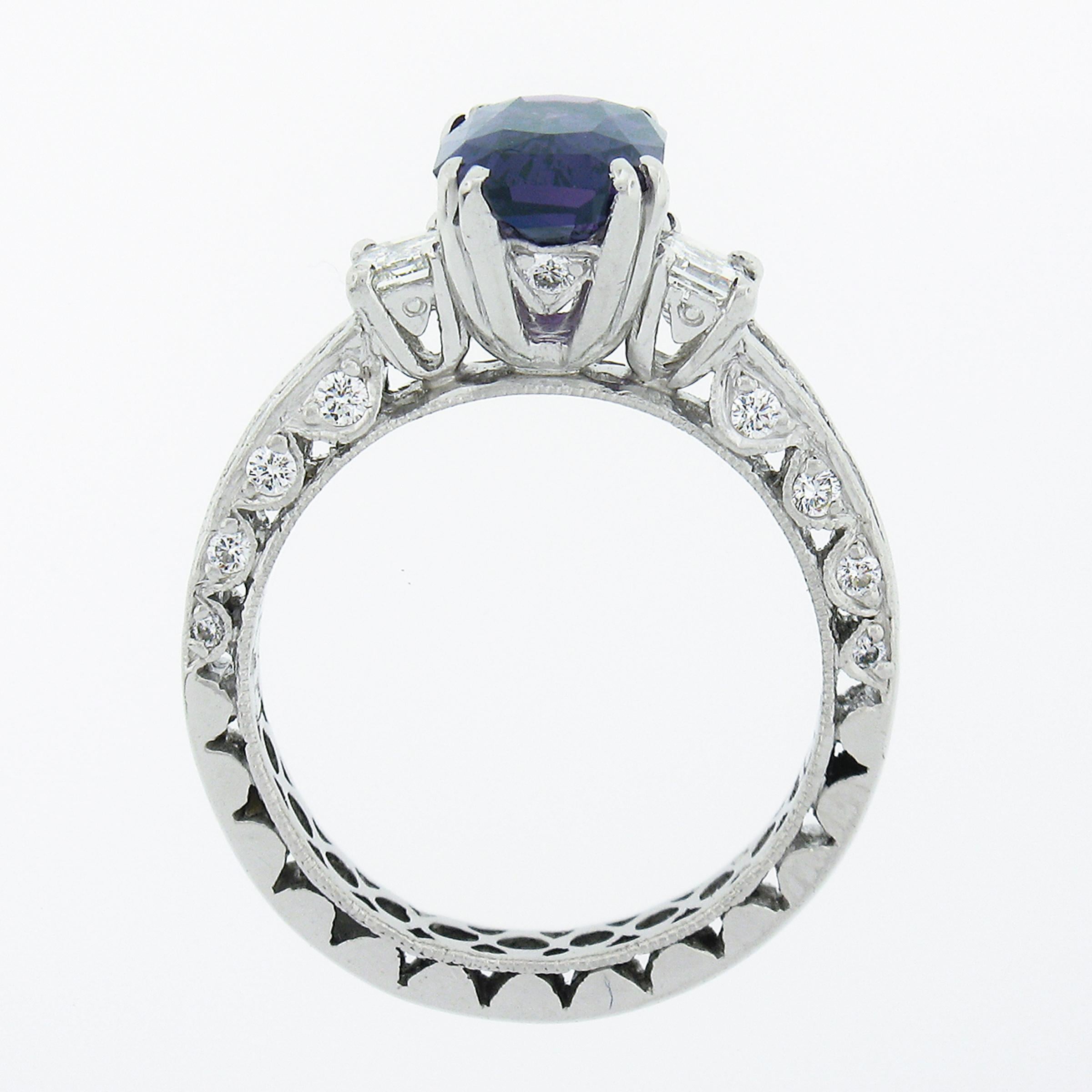 Platinum Tacori GIA NO HEAT Emerald Cut Purple Sapphire Diamond Engagement Ring For Sale 3