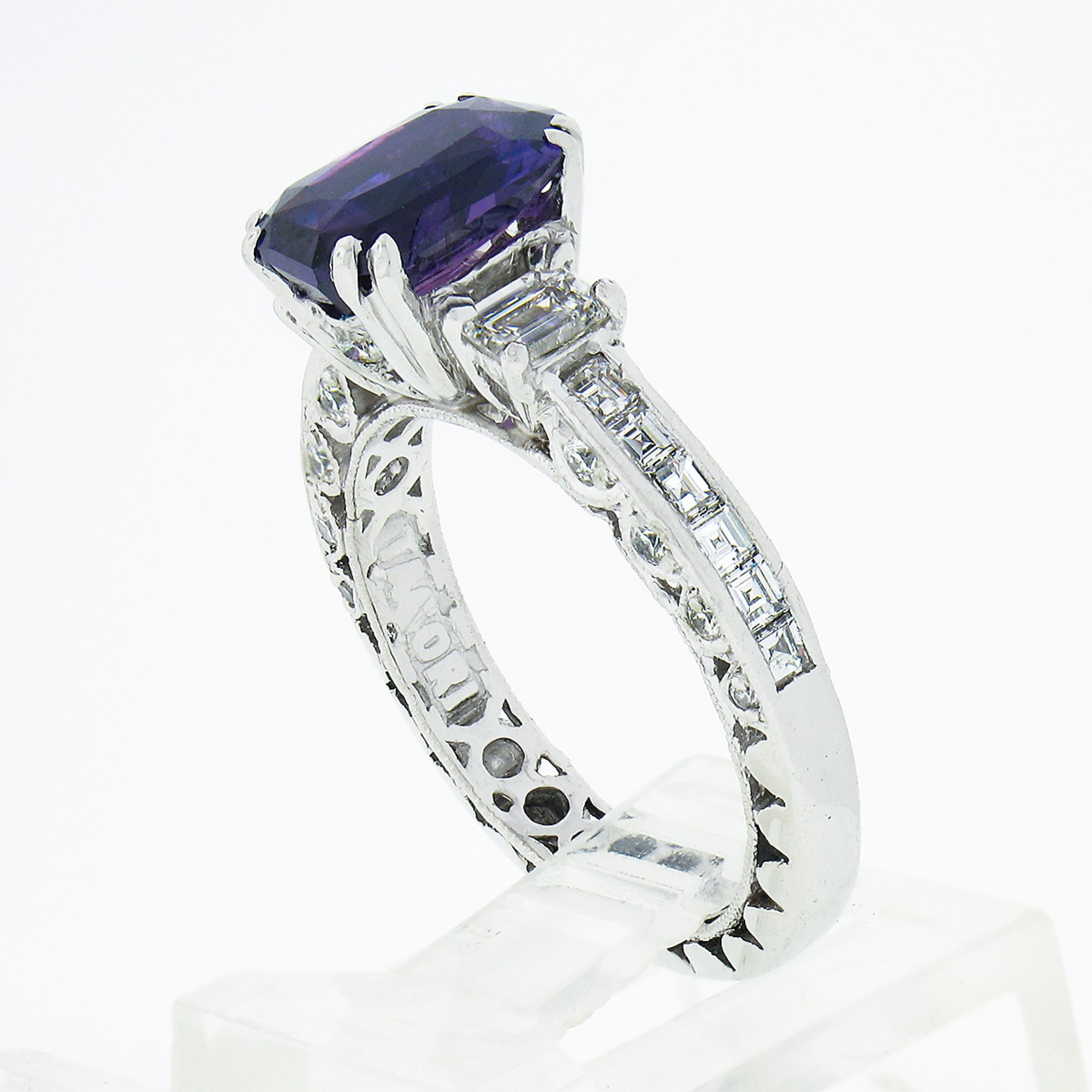 Platinum Tacori GIA NO HEAT Emerald Cut Purple Sapphire Diamond Engagement Ring For Sale 4