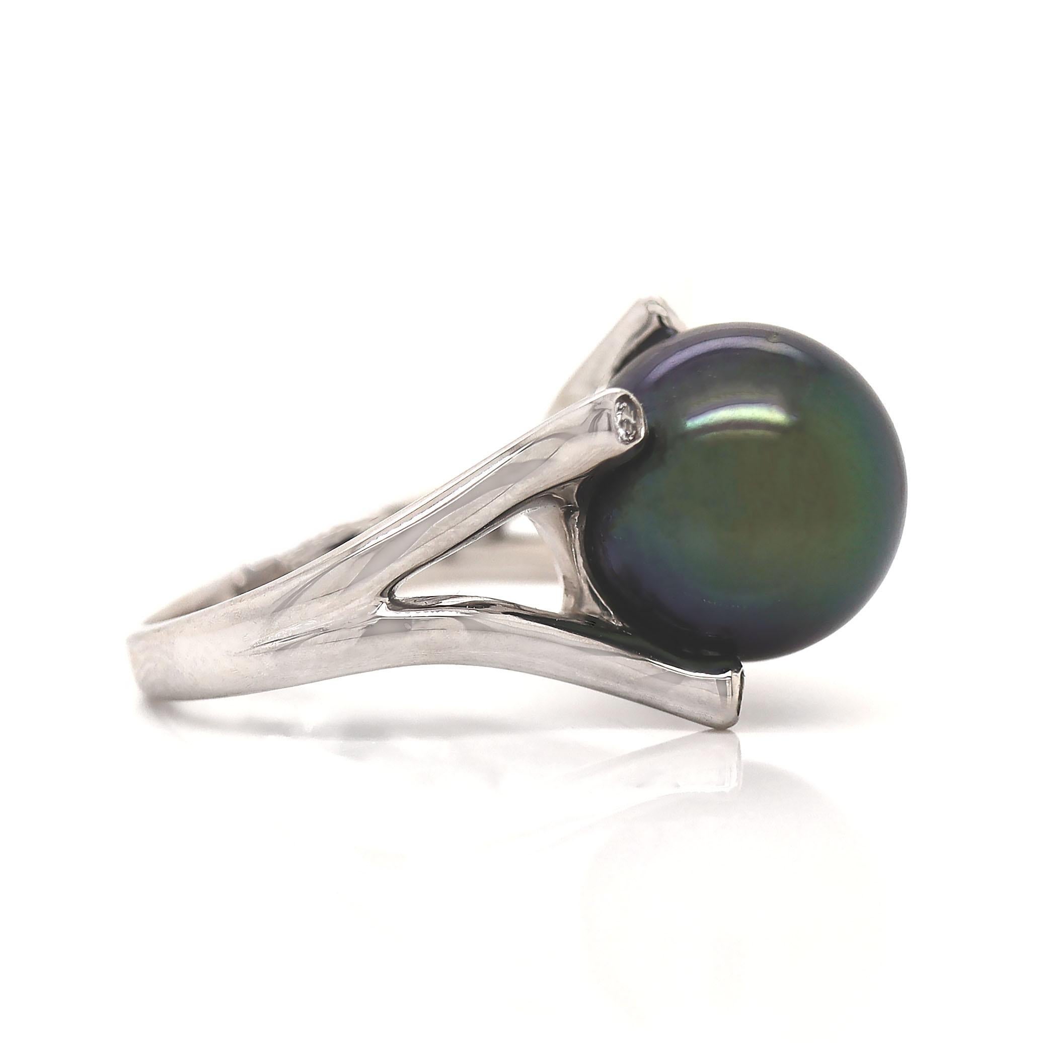 Women's Platinum Tahitian Pearl And Diamond Cocktail Ring For Sale