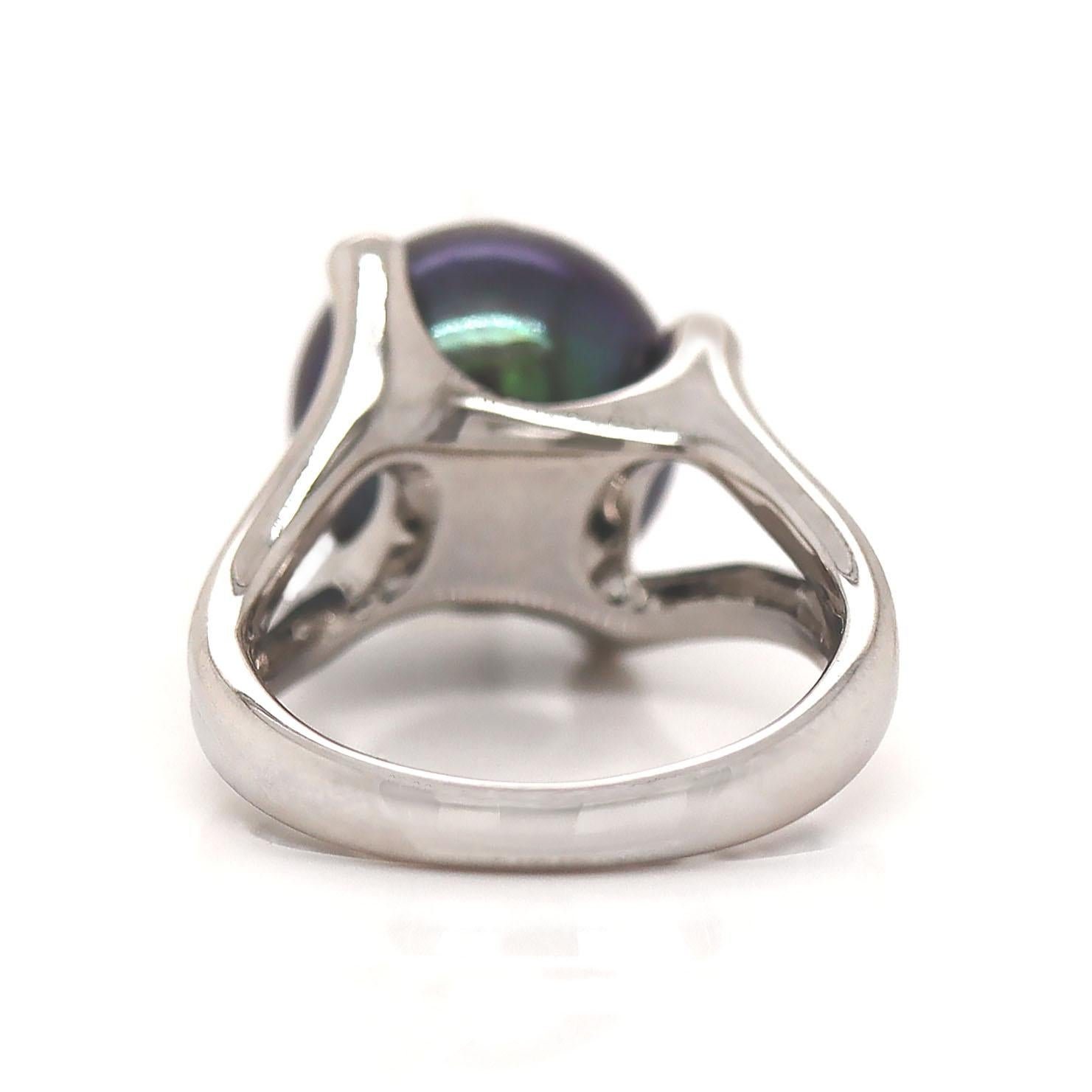 Platinum Tahitian Pearl And Diamond Cocktail Ring For Sale 2