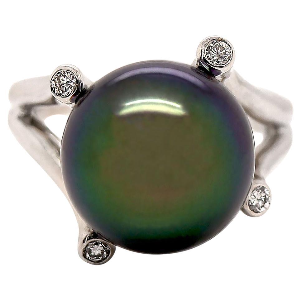 Platinum Tahitian Pearl And Diamond Cocktail Ring For Sale