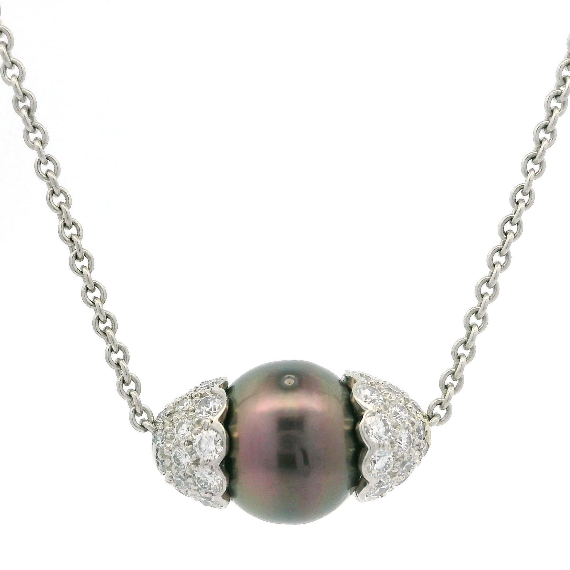 Colgante de perla de Tahití y diamantes en platino sobre collar de eslabones de cable de 15,5 Corte redondo en venta