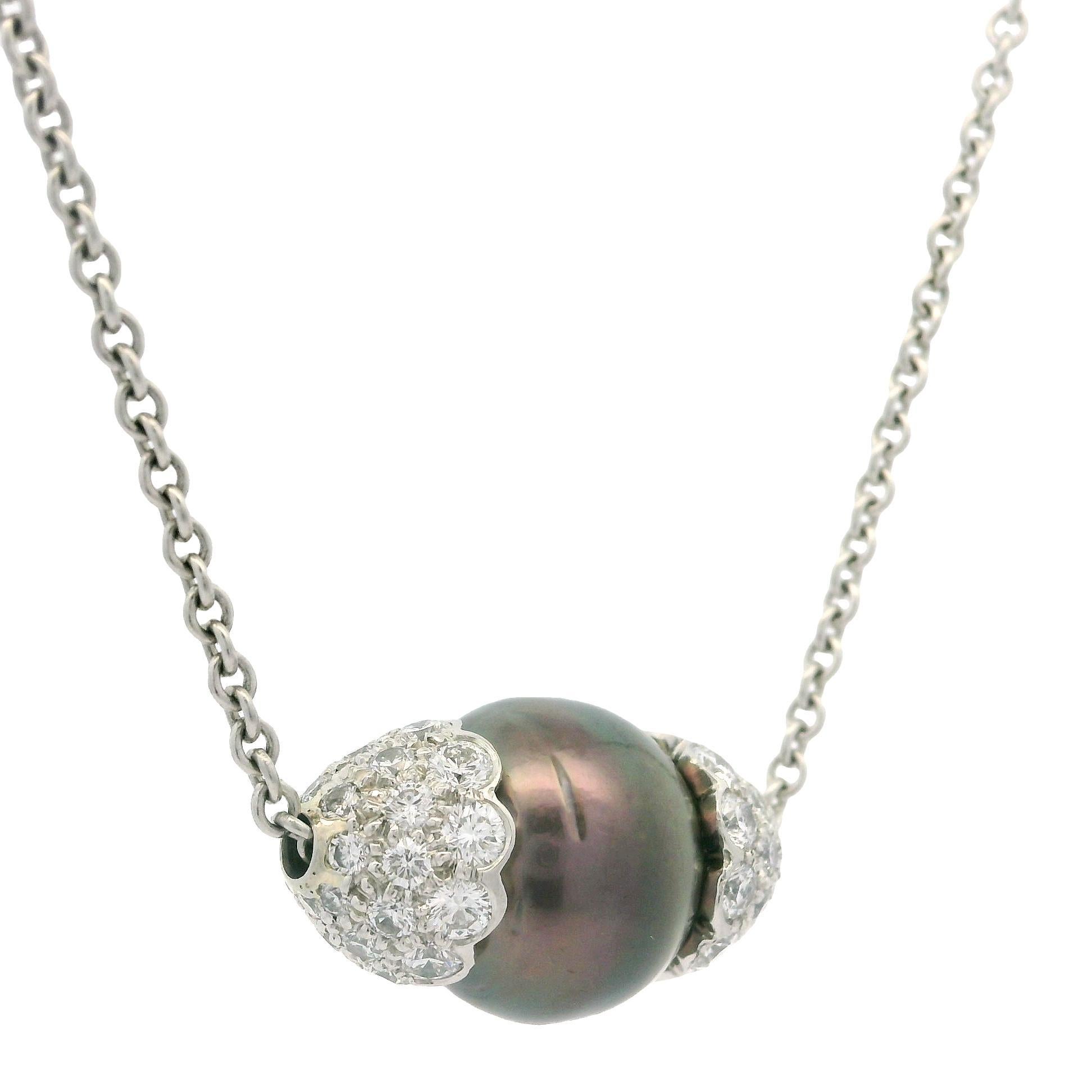 Colgante de perla de Tahití y diamantes en platino sobre collar de eslabones de cable de 15,5 en venta 1