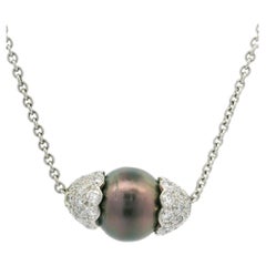 Platinum Tahitian Pearl & Diamond Slide Pendant on 15.5" Cable Link Necklace