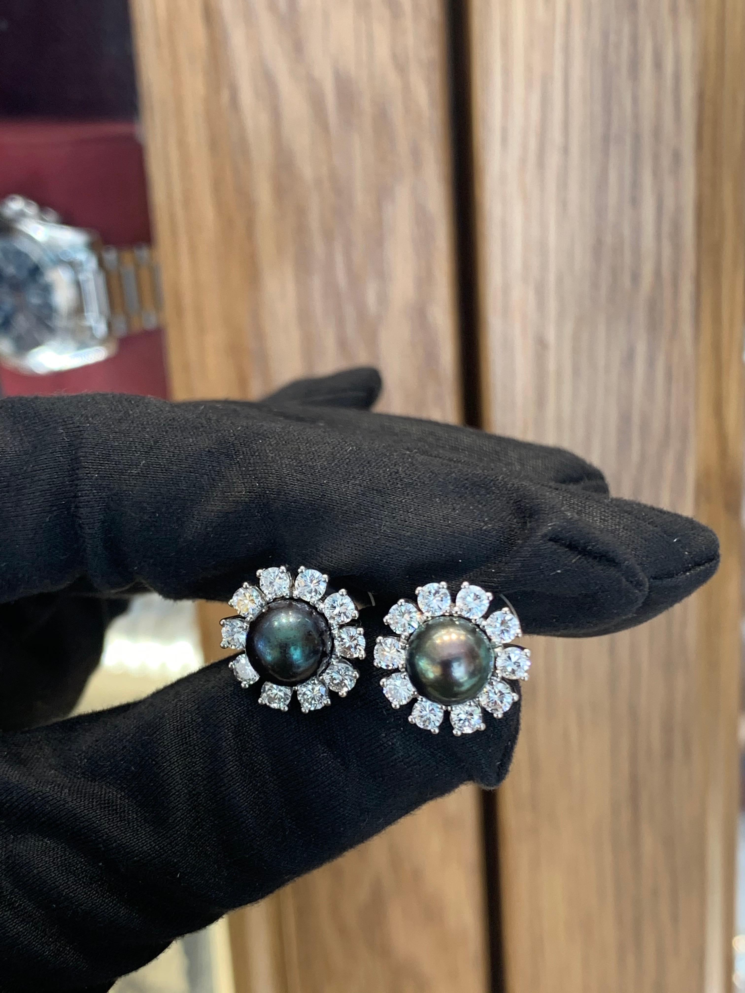 Platinum Tahitian Pearls & Diamond Stud Earrings For Sale 1