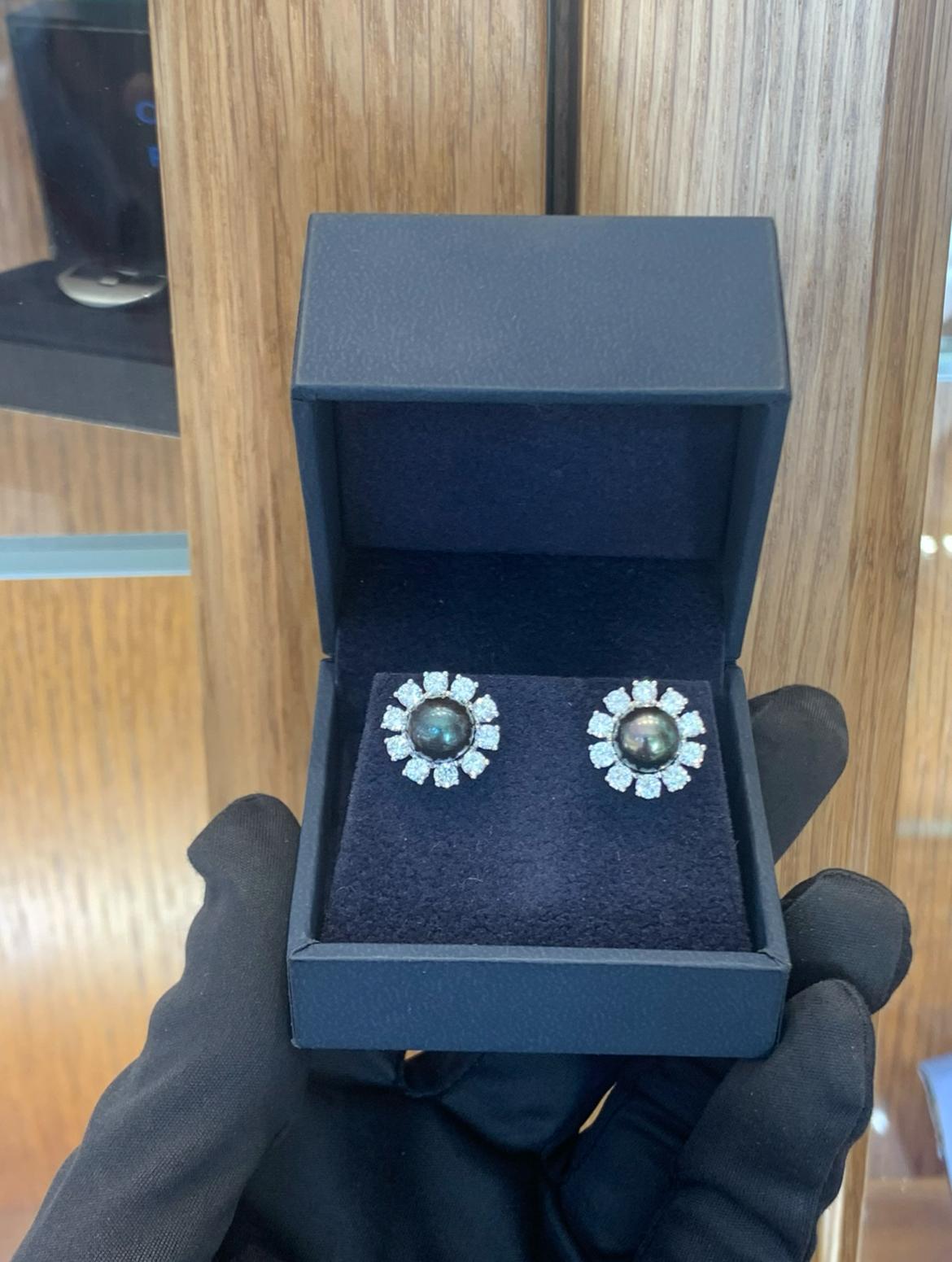 Platinum Tahitian Pearls & Diamond Stud Earrings For Sale 4