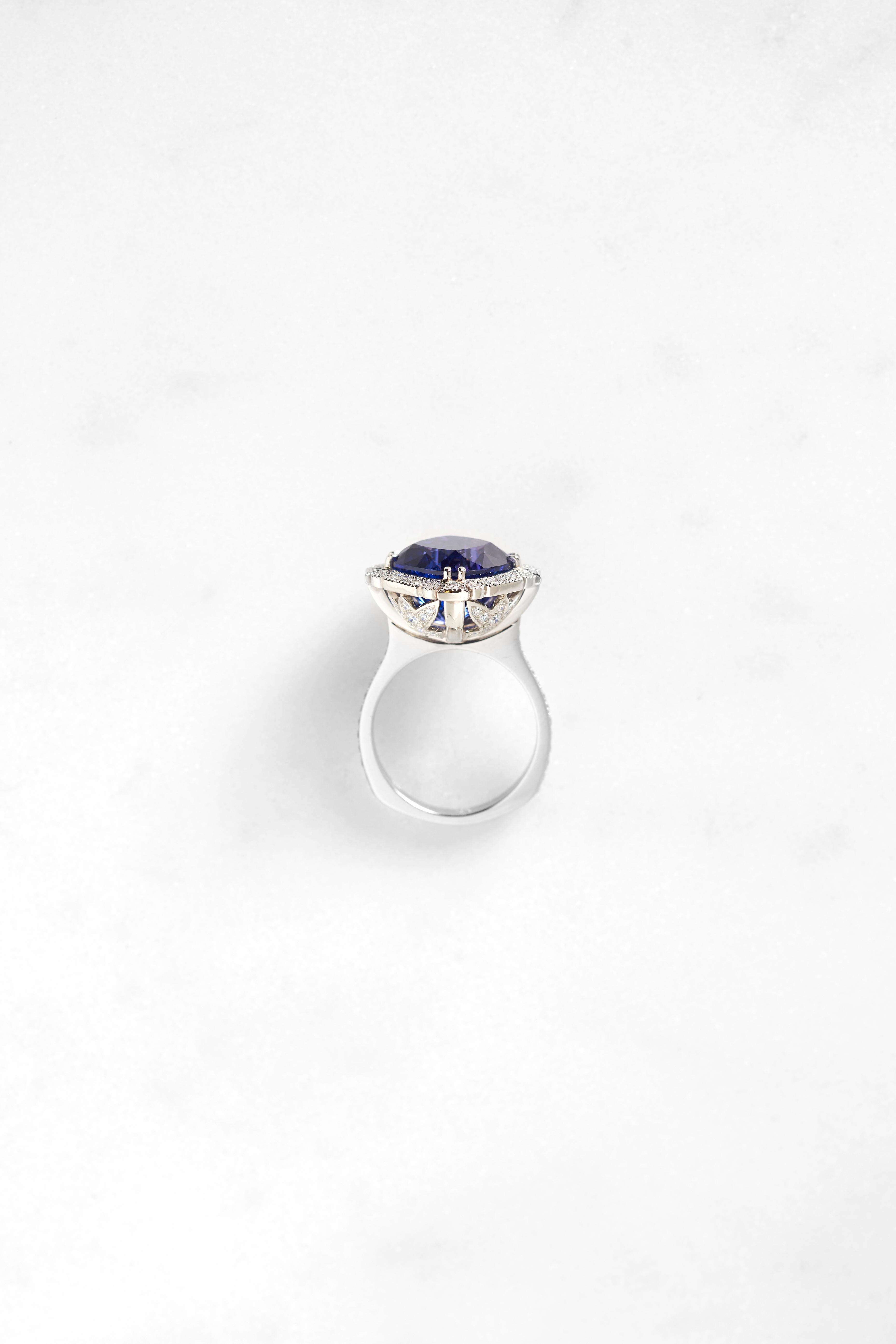 Cushion Cut Platinum Tanzanite and Diamond Cocktail Engagement Ring For Sale