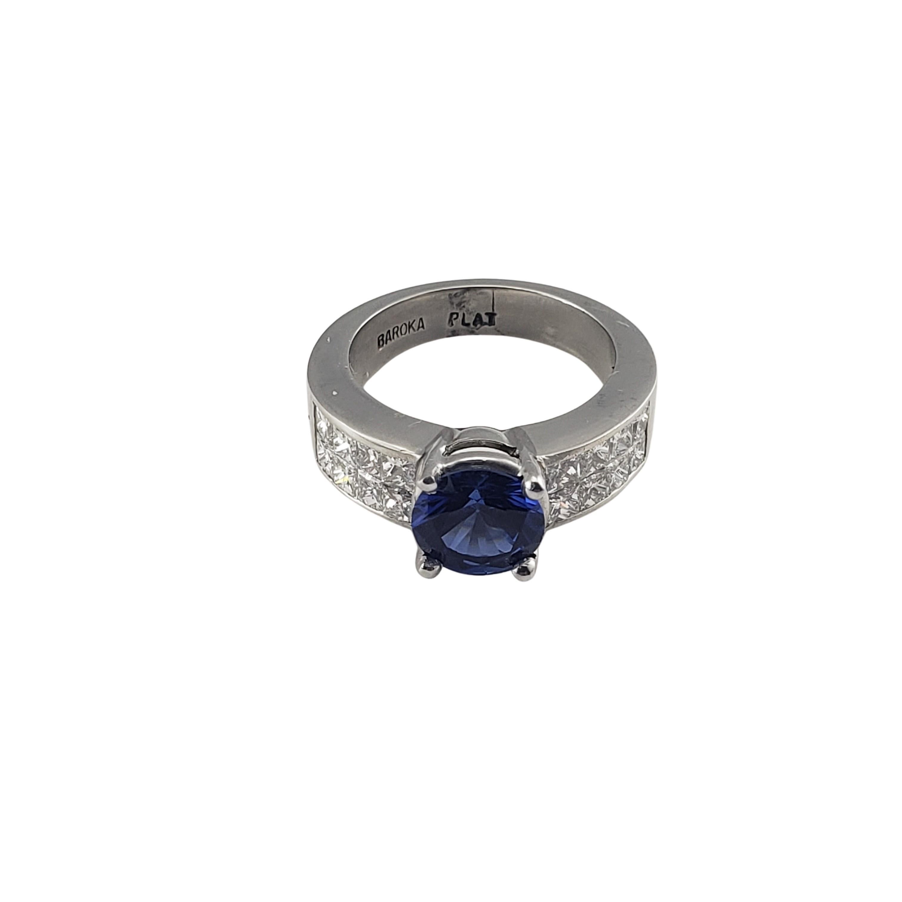 Platinum Tanzanite and Diamond Ring Size 6.5 GAI Certified-

This stunning ring features one round tanzanite gemstone and 16 princess cut diamonds set in elegant platinum.  Width:  8 mm.
Shank: 4 mm.

Tanzanite weight:  2 ct.

Total diamond weight: 