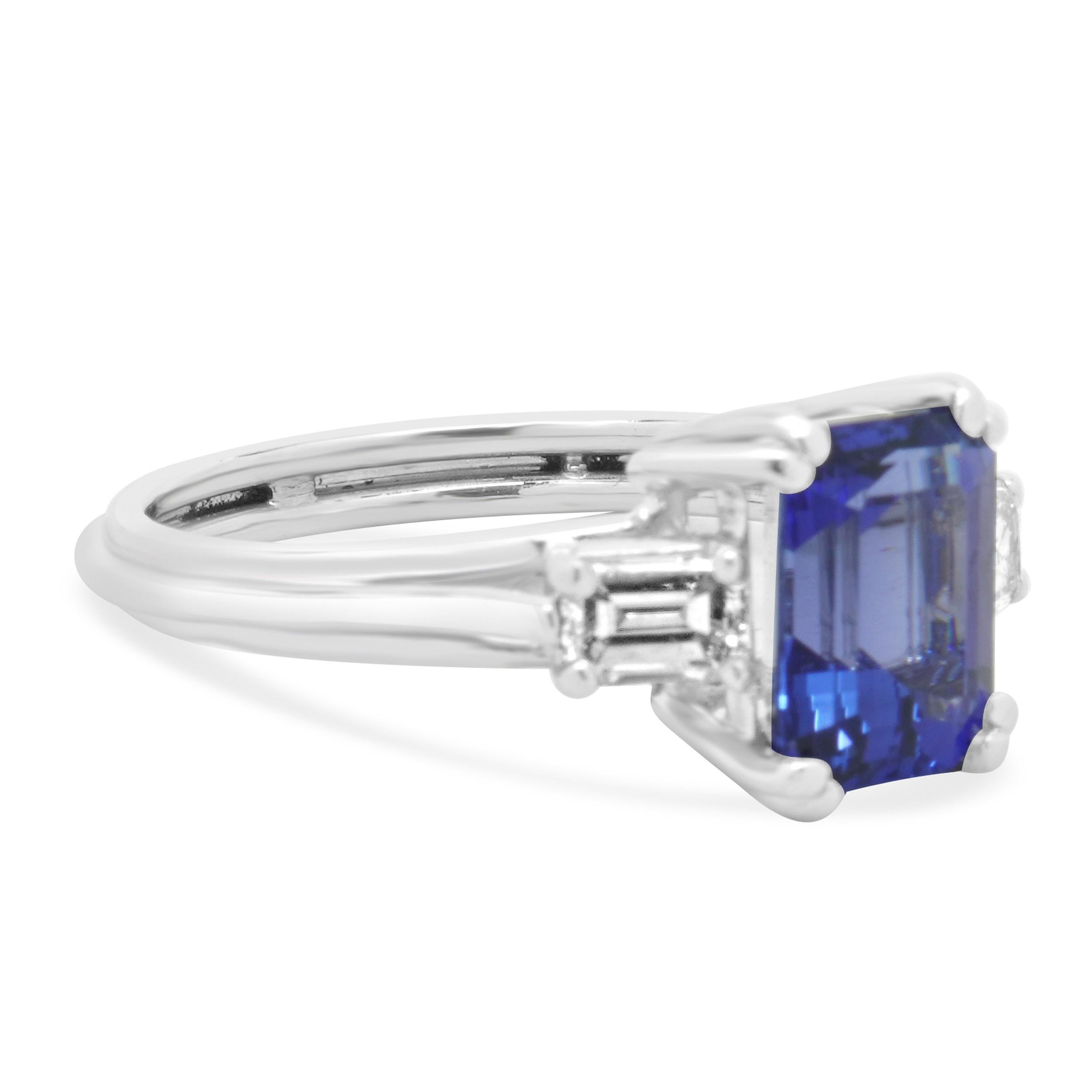 Emerald Cut Platinum Tanzanite and Diamond Ring For Sale