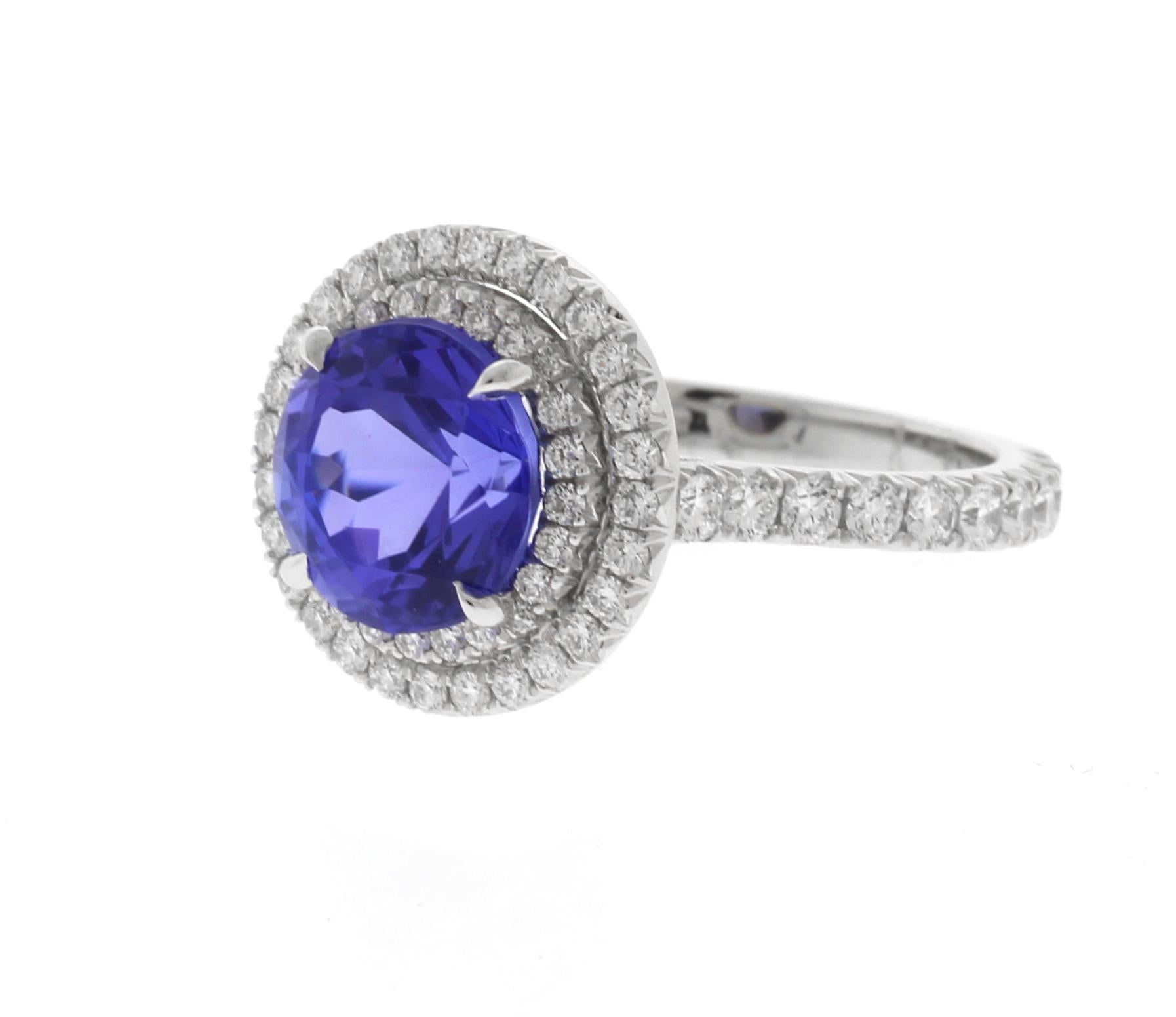 Round Cut Platinum Tanzanite and  Double Diamond Halo Ring by Pampillonia For Sale