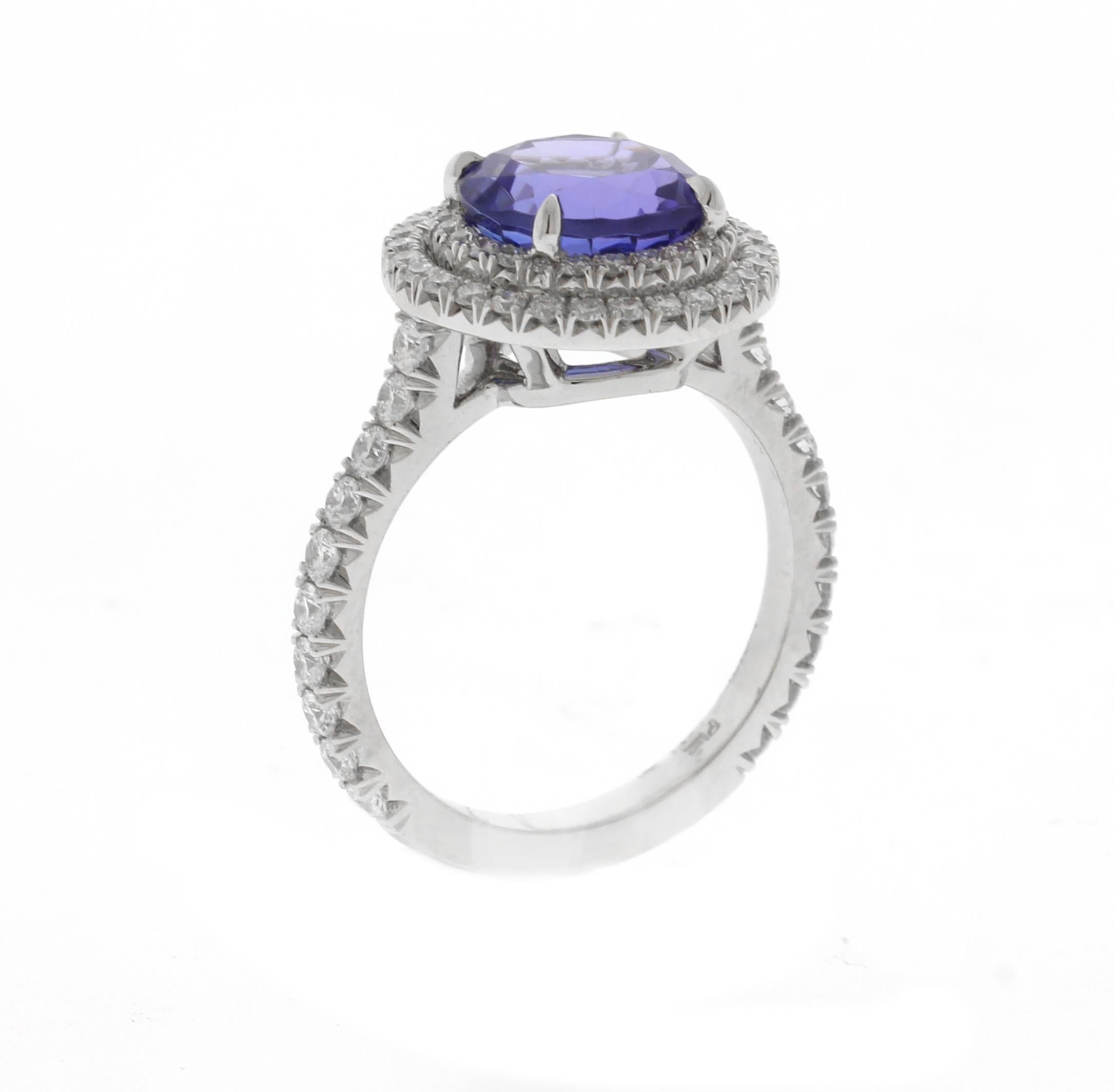 Platinum Tanzanite and  Double Diamond Halo Ring by Pampillonia In New Condition For Sale In Bethesda, MD