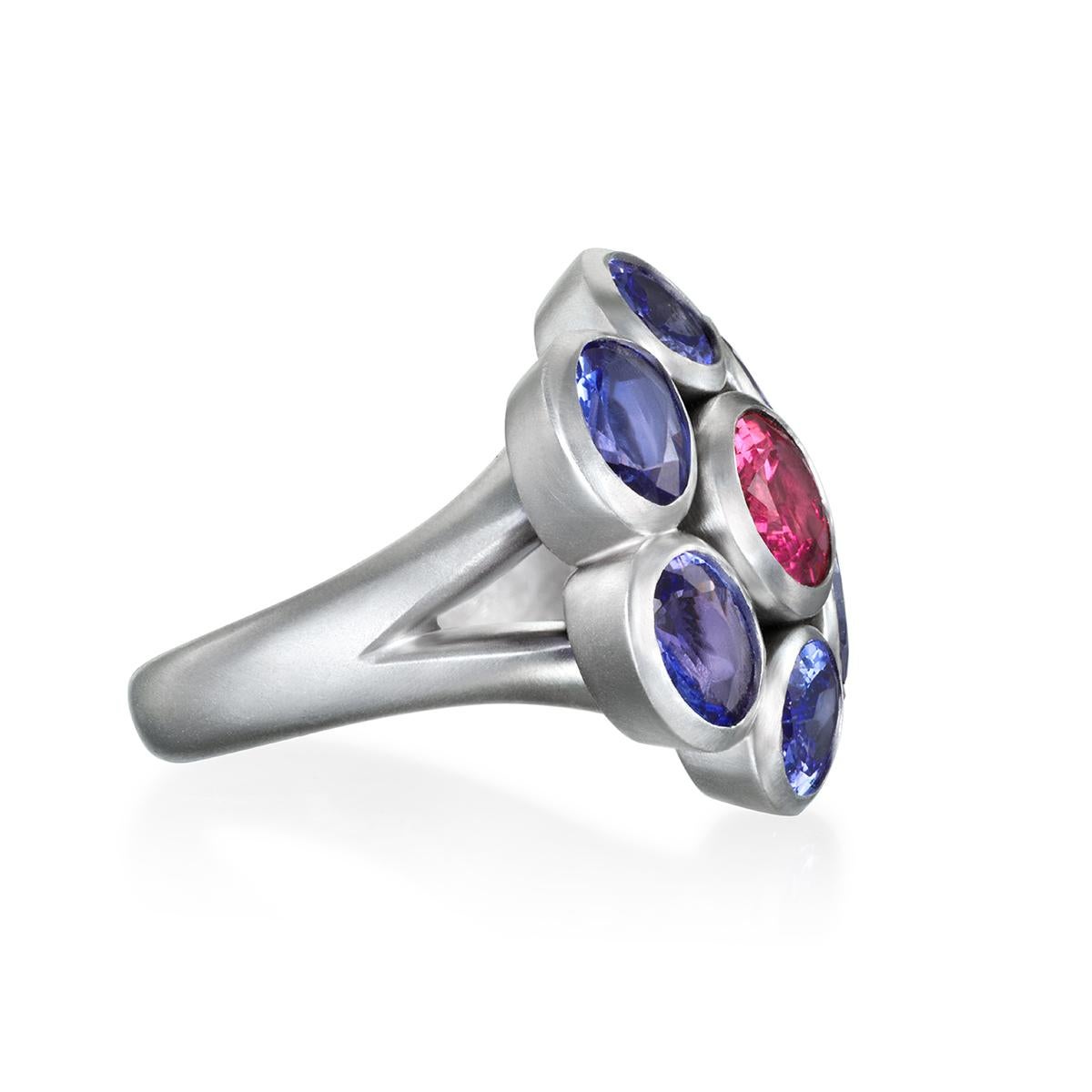 Contemporary Platinum Tanzanite and Pink Tourmaline Daisy Ring For Sale