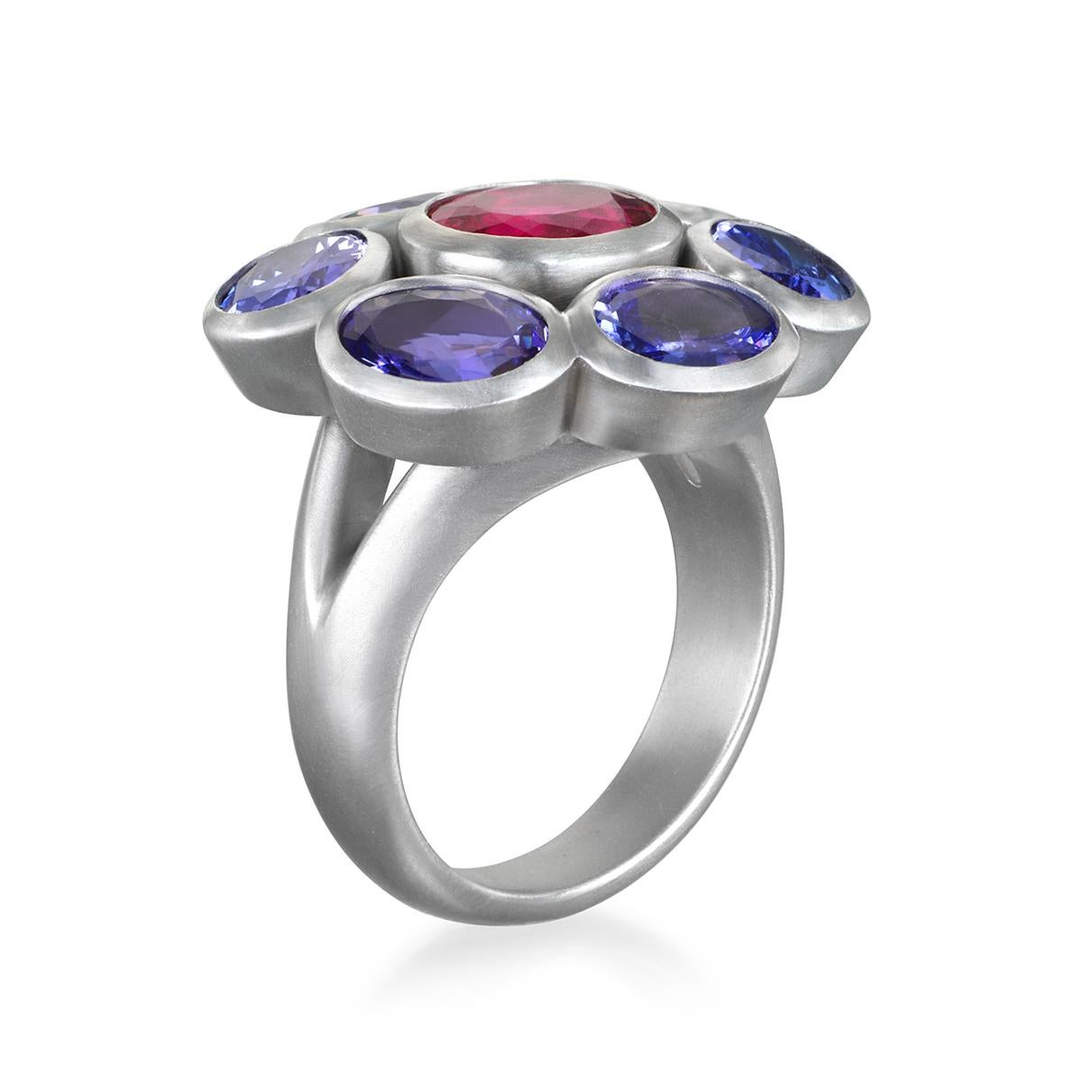 Oval Cut Platinum Tanzanite and Pink Tourmaline Daisy Ring For Sale