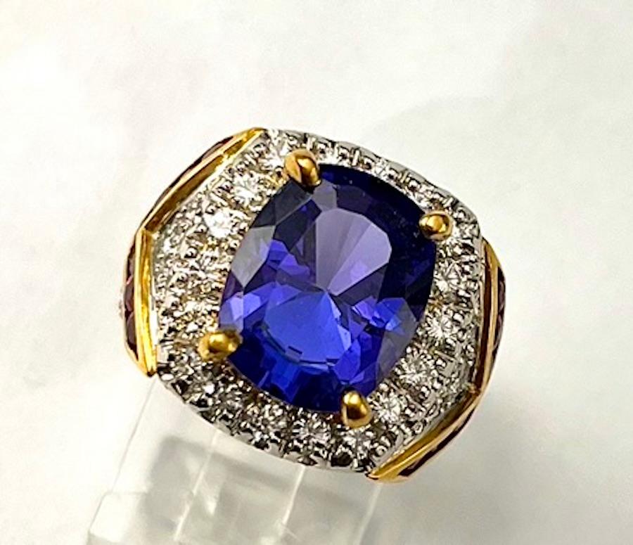 Contemporary Platinum Tanzanite And Ruby Ring For Sale
