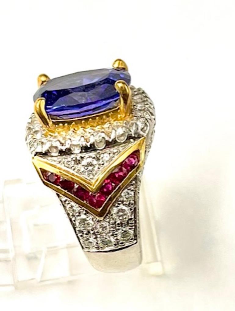 Cushion Cut Platinum Tanzanite And Ruby Ring For Sale