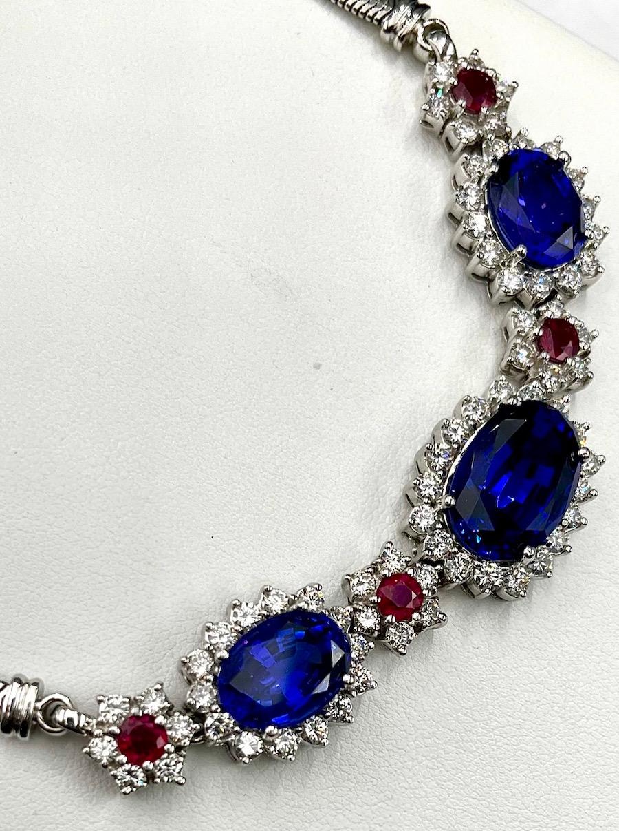 Contemporary Platinum Tanzanite, Ruby and Diamond Necklace For Sale
