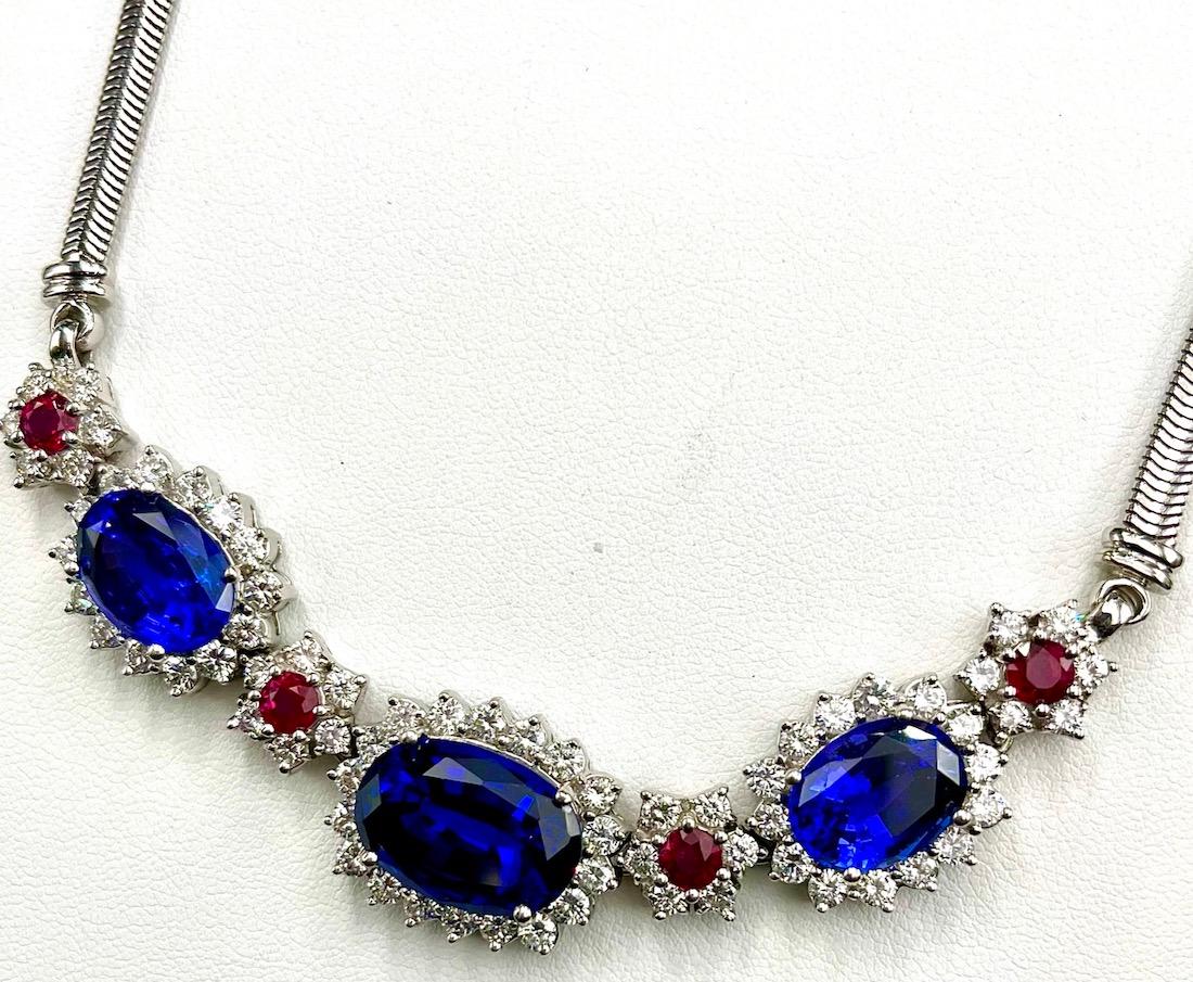 Oval Cut Platinum Tanzanite, Ruby and Diamond Necklace For Sale