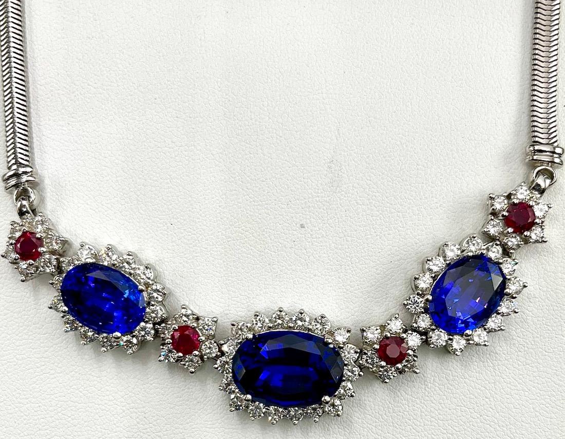 Platinum Tanzanite, Ruby and Diamond Necklace In New Condition For Sale In San Diego, CA