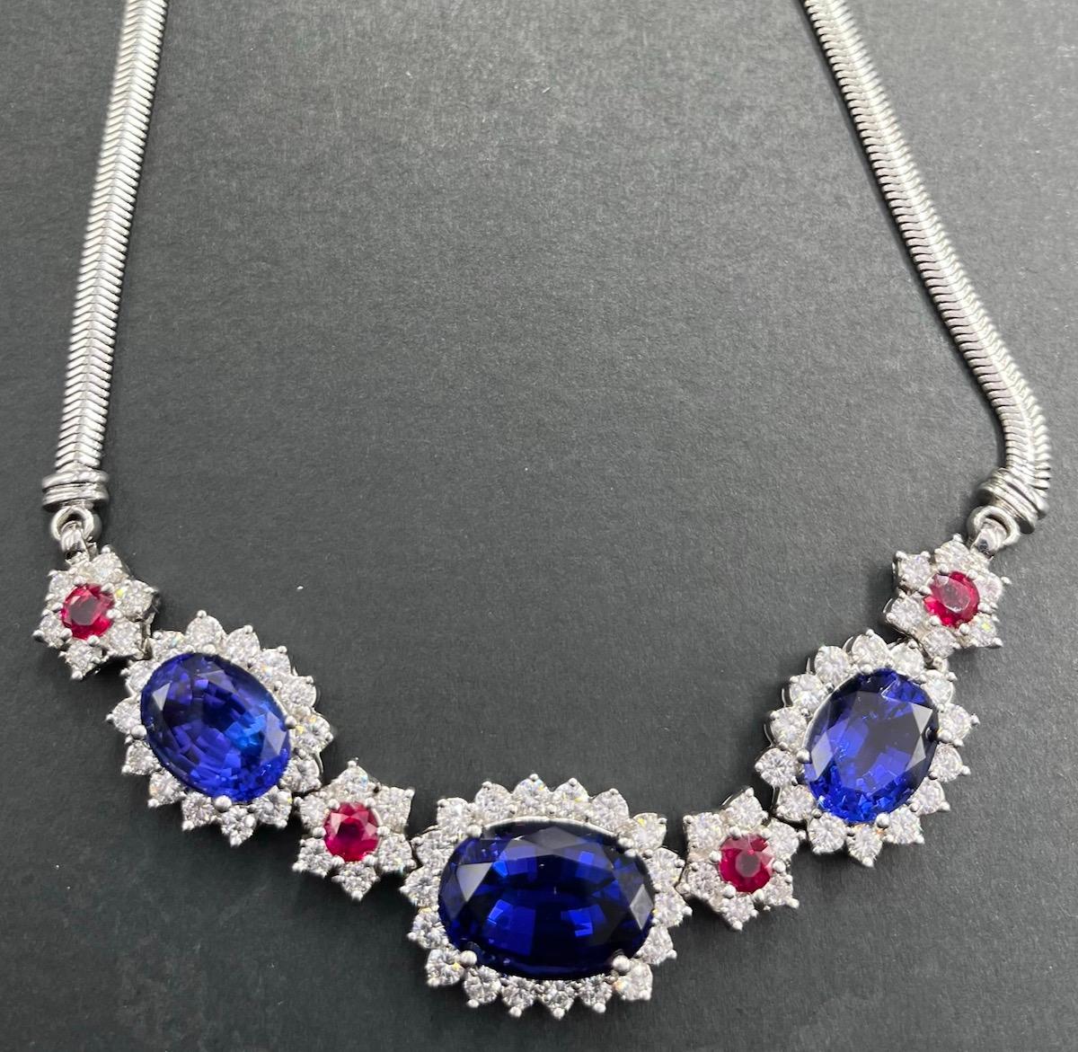 Women's or Men's Platinum Tanzanite, Ruby and Diamond Necklace For Sale