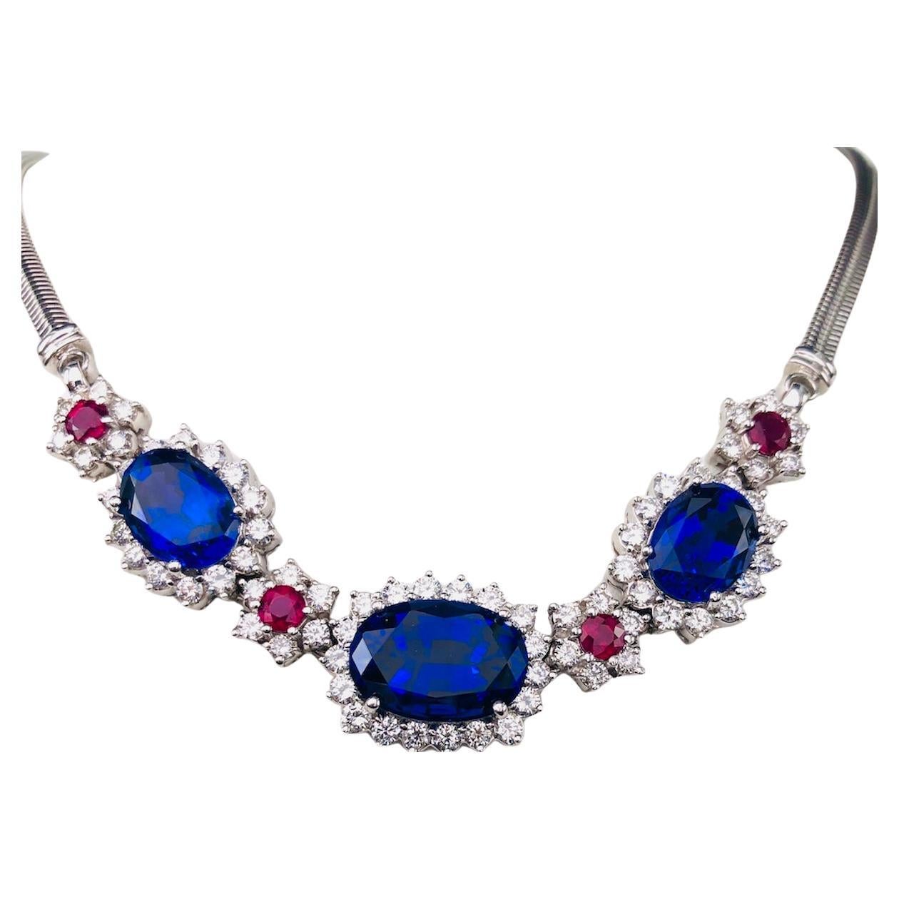 Platinum Tanzanite, Ruby and Diamond Necklace For Sale