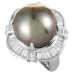 Platinum Tapered and Baguette Diamonds and Black Pearl Ring