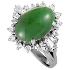 Platinum Tapered and Round Diamonds and Jade Oval Ring