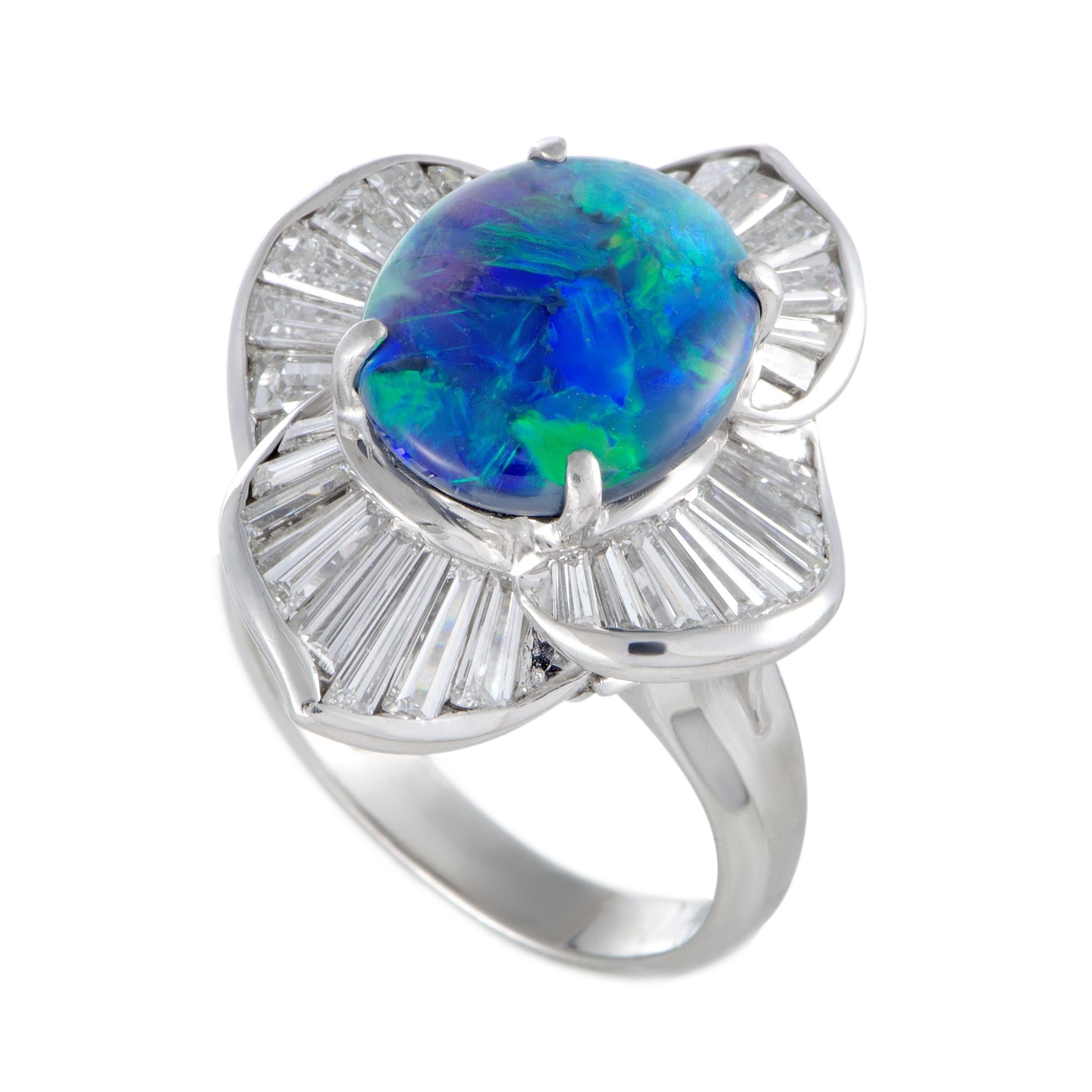 Tapered Baguette Diamonds and Blue Green Opal Platinum Ring