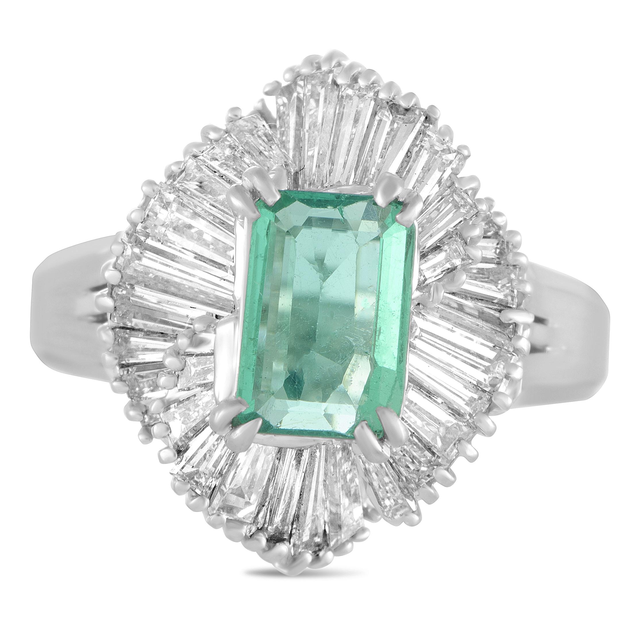 Platinum Tapered Baguette Diamonds and Emerald Marquise Ring 1