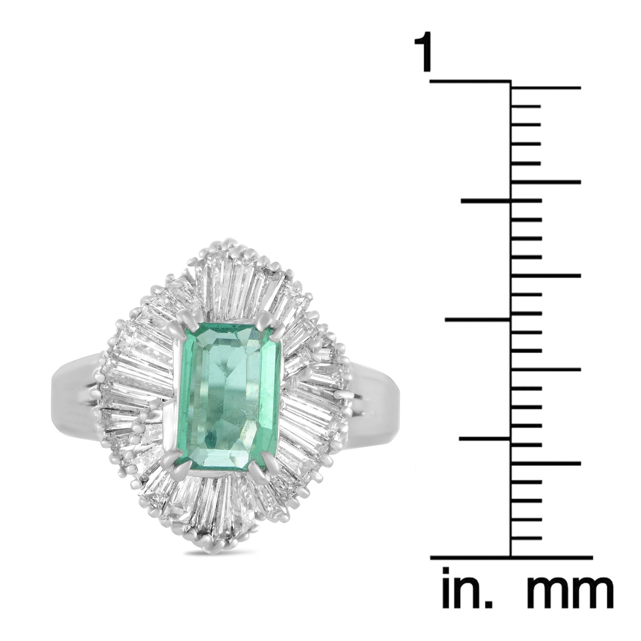 Platinum Tapered Baguette Diamonds and Emerald Marquise Ring 2