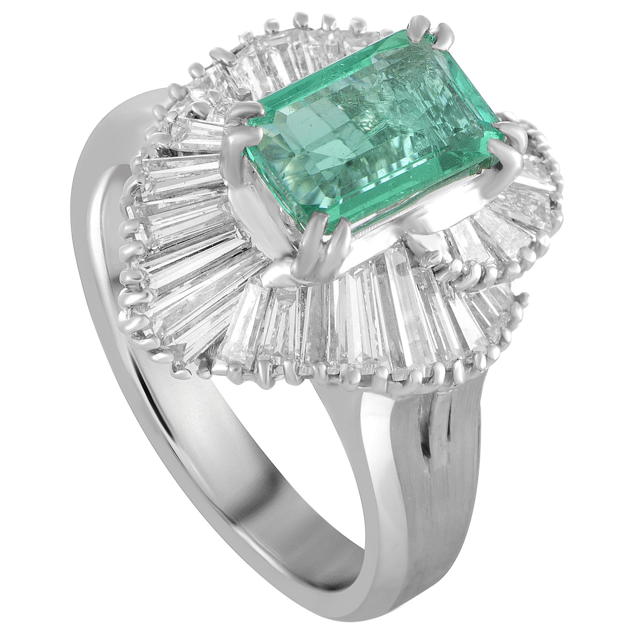 Platinum Tapered Baguette Diamonds and Emerald Marquise Ring