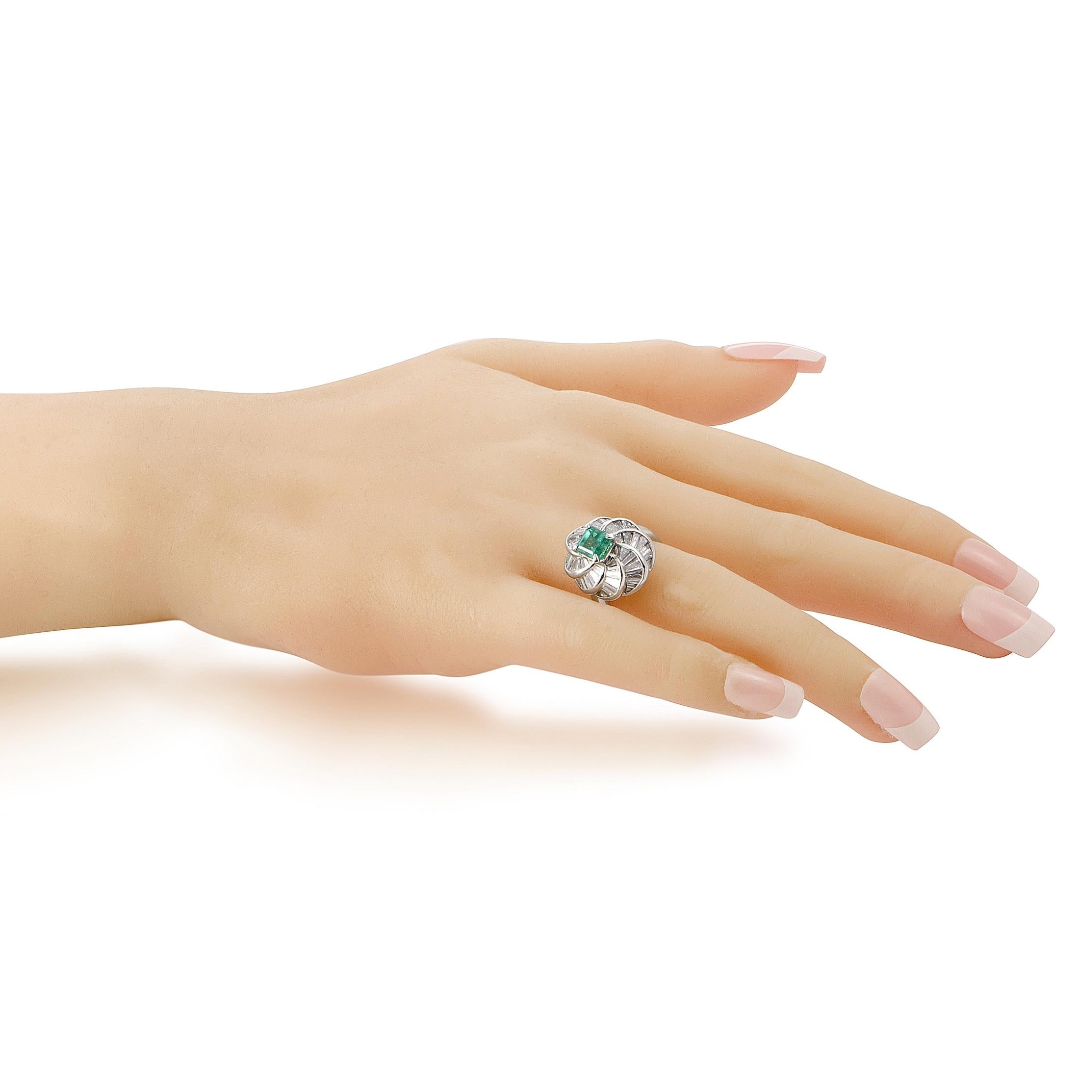 Women's Platinum Tapered Baguette Diamonds and Emerald Oval Ring