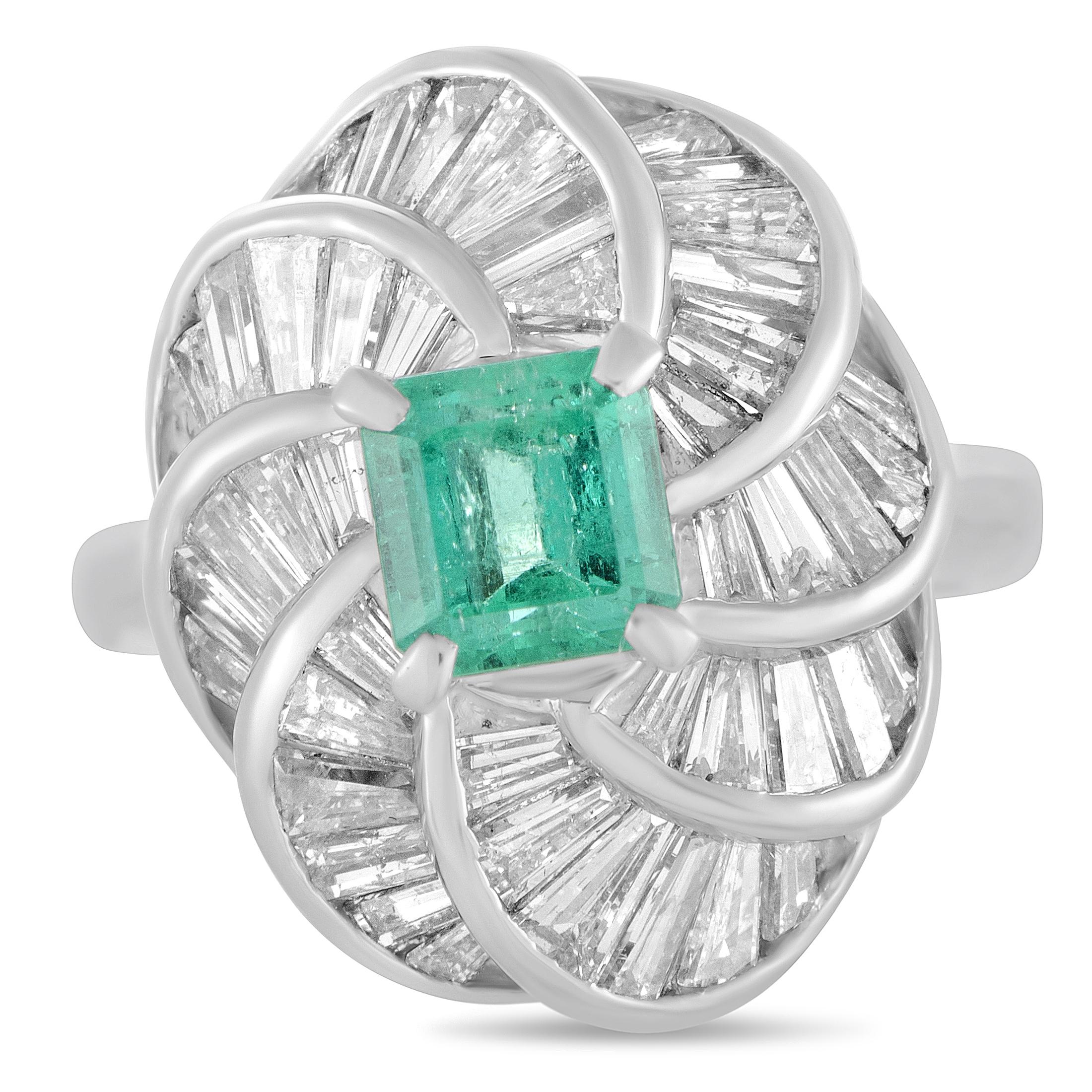 Platinum Tapered Baguette Diamonds and Emerald Oval Ring 1