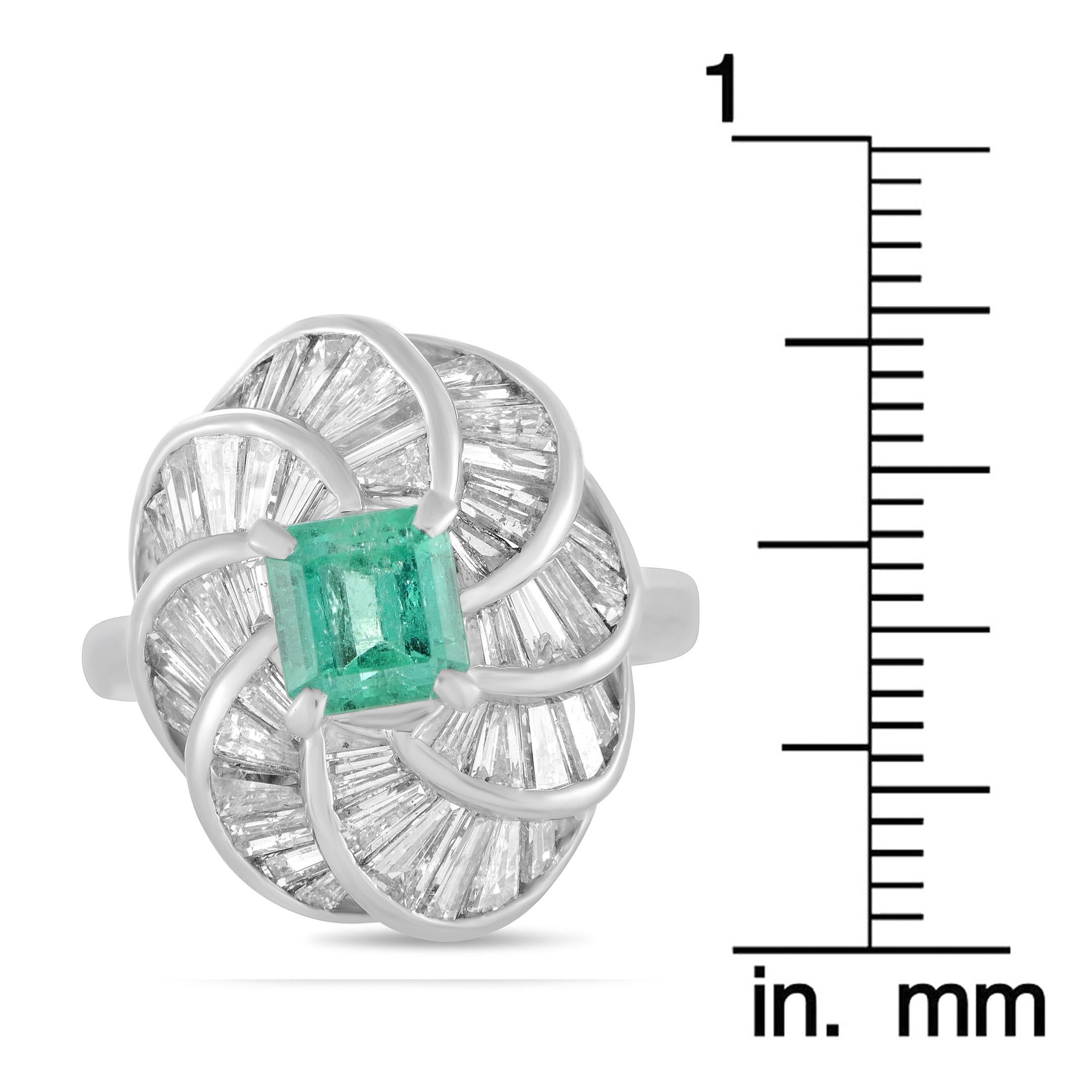 Platinum Tapered Baguette Diamonds and Emerald Oval Ring 2