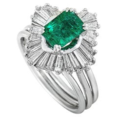Platinum Tapered Baguette Diamonds and Emerald Ring