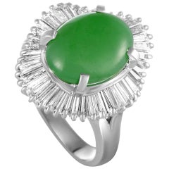 Platinum Tapered Baguette Diamonds and Jade Oval Ring Platinum Tapered Baguette Diamonds and Jade Oval Ring