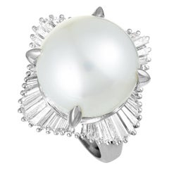 Platinum Tapered Baguette Diamonds and Pearl Ring