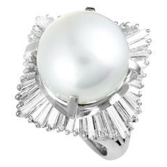 Platinum Tapered Baguette Diamonds and Pearl Ring