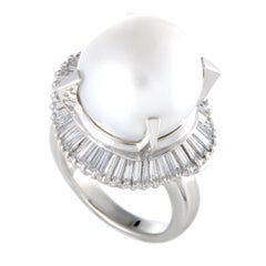 Platinum Tapered Baguette Diamonds and White Pearl Ring