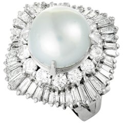 Platinum Tapered, Baguette, and Round Diamonds and Pearl Ring