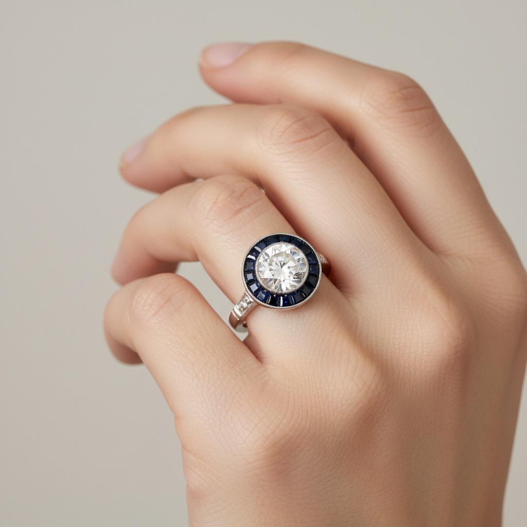 A striking tribute to Art Deco design, this target ring is expertly crafted from platinum and set with a captivating center European cut diamond weighing 1.26 carats, graded H-I color and I1 clarity. The center stone is framed by a halo of