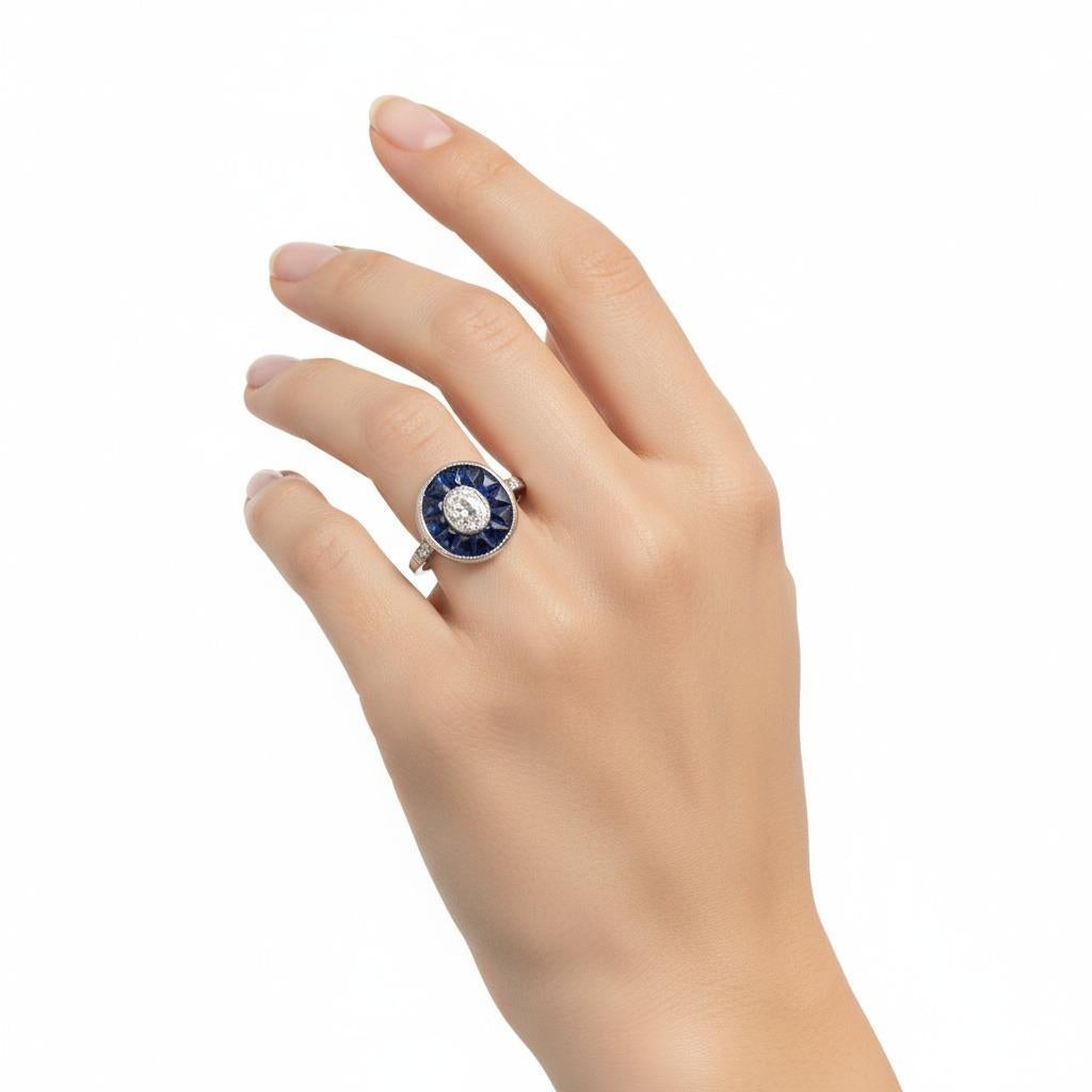 Questo elegante anello in platino è caratterizzato da un accattivante diamante centrale di circa 0,45 carati, di colore J e purezza VS2, che emana un fascino vintage e uno splendore senza tempo. La pietra centrale è circondata da un'aureola di